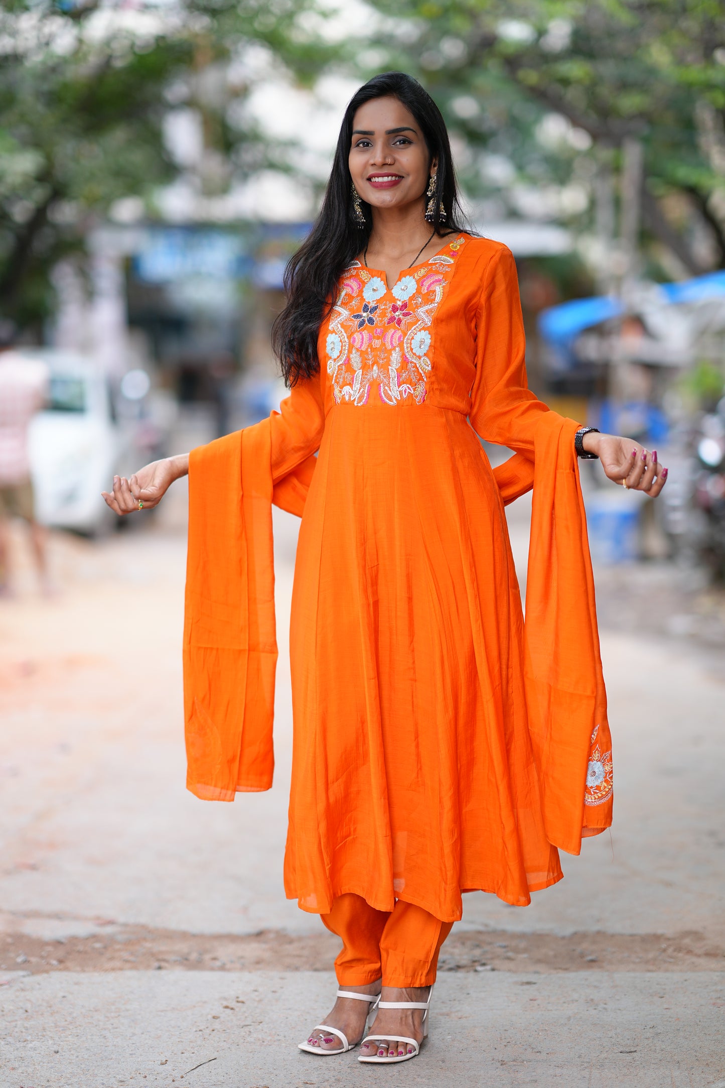 Orange Color Mul Chanderi 3 Piece Set With Lining Lining