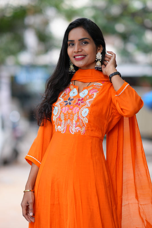 Orange Color Mul Chanderi 3 Piece Set With Lining Lining