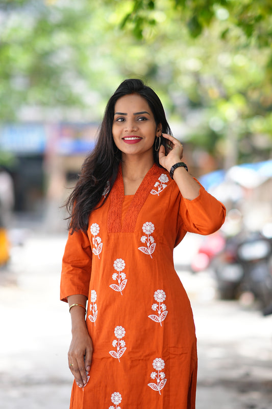 Orange Color Cord Set With Thread Embroidery Work