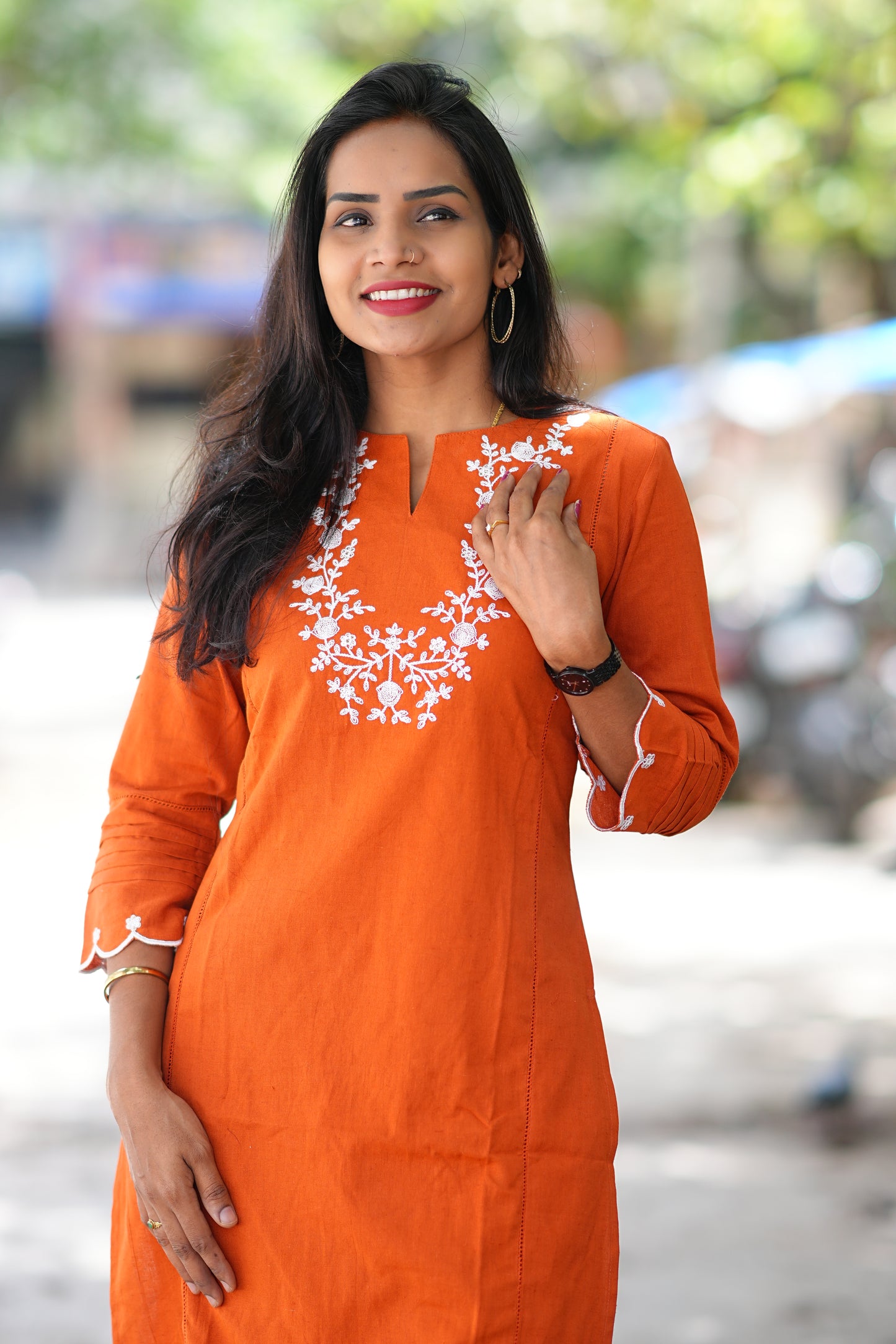 Orange Cord Set with Necklace Thread Embroidery