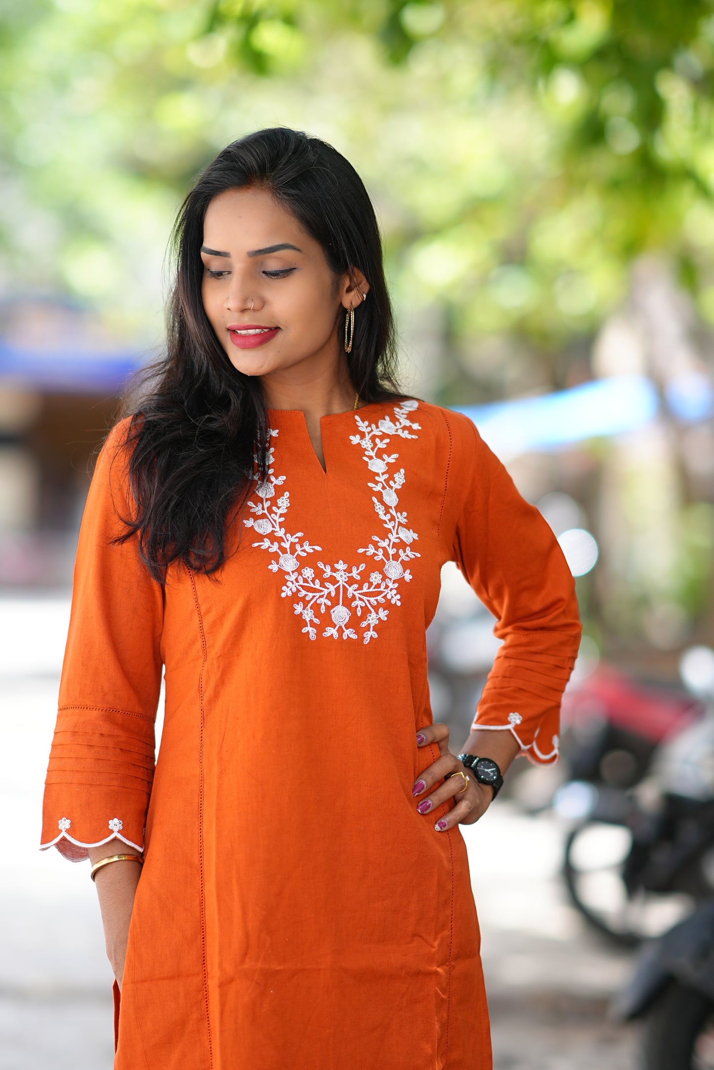 Orange Cord Set with Necklace Thread Embroidery