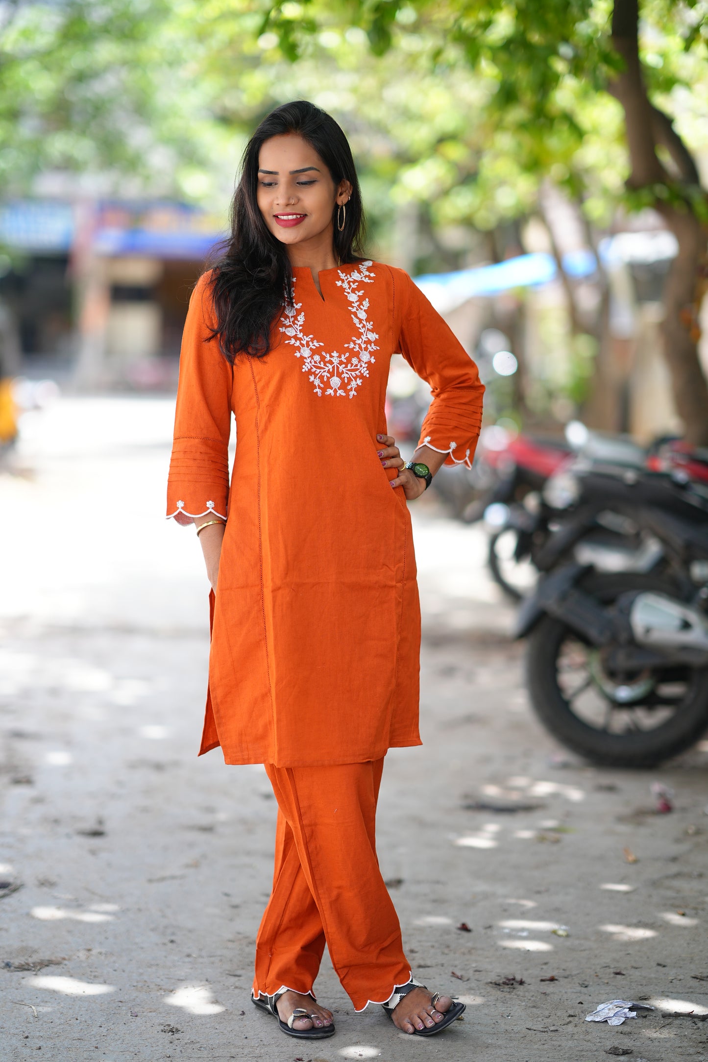 Orange Cord Set with Necklace Thread Embroidery