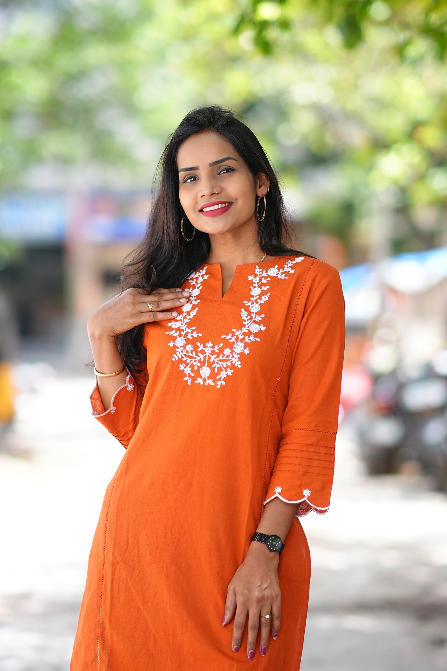 Orange Cord Set with Necklace Thread Embroidery