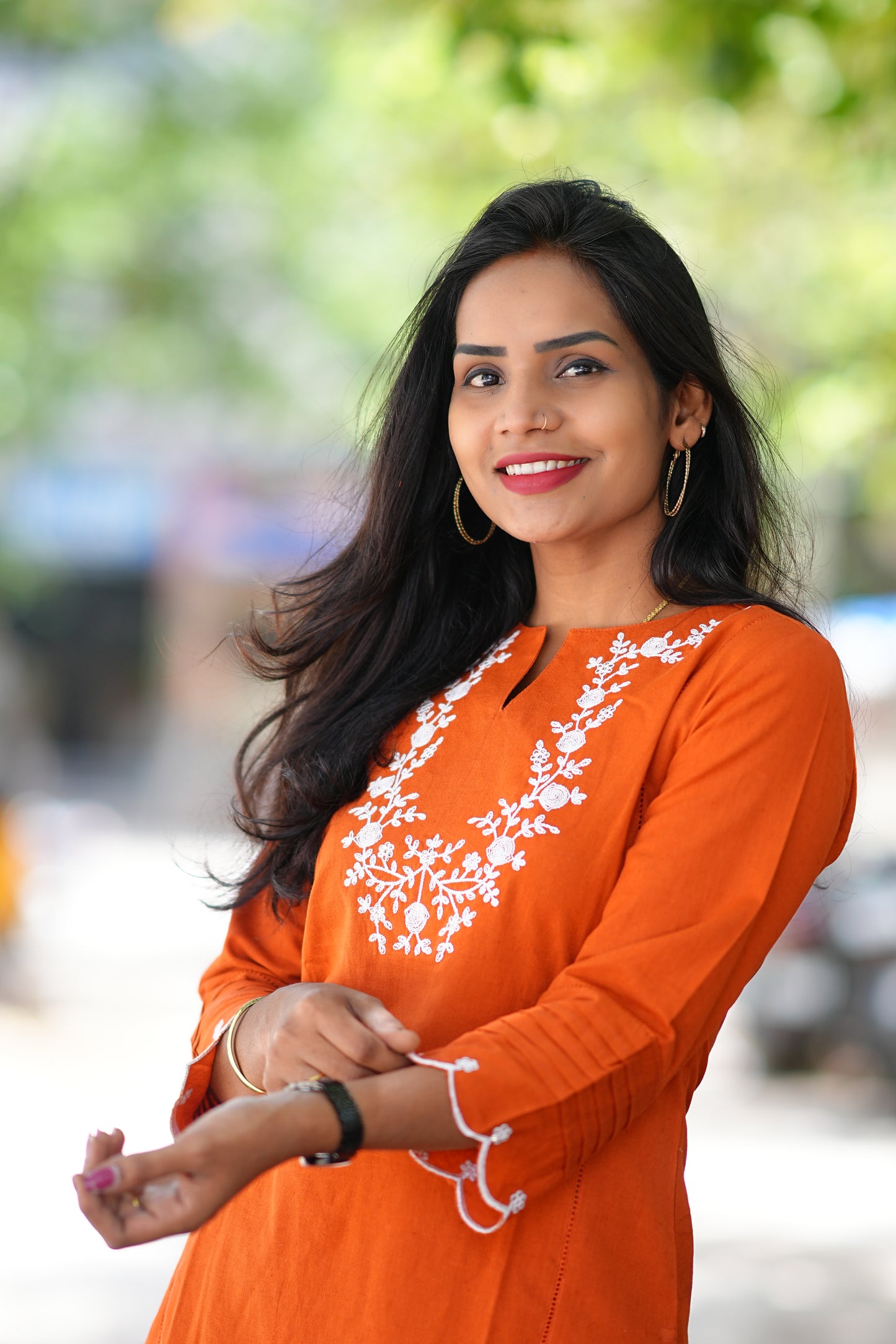 Orange Cord Set with Necklace Thread Embroidery