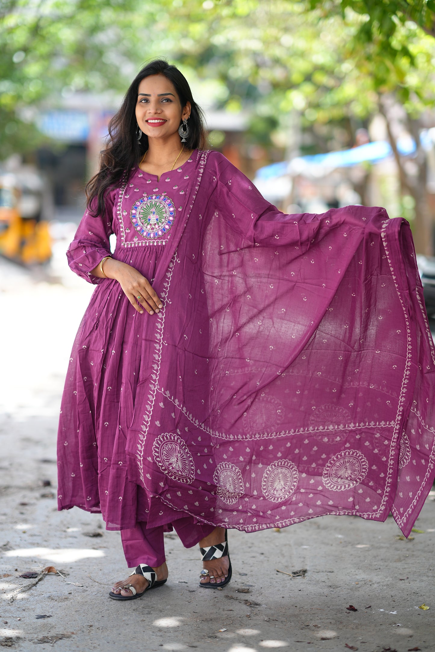 Purple Color Pure Mul Cotton 3 Piece Set With Peacock Embroidery Work