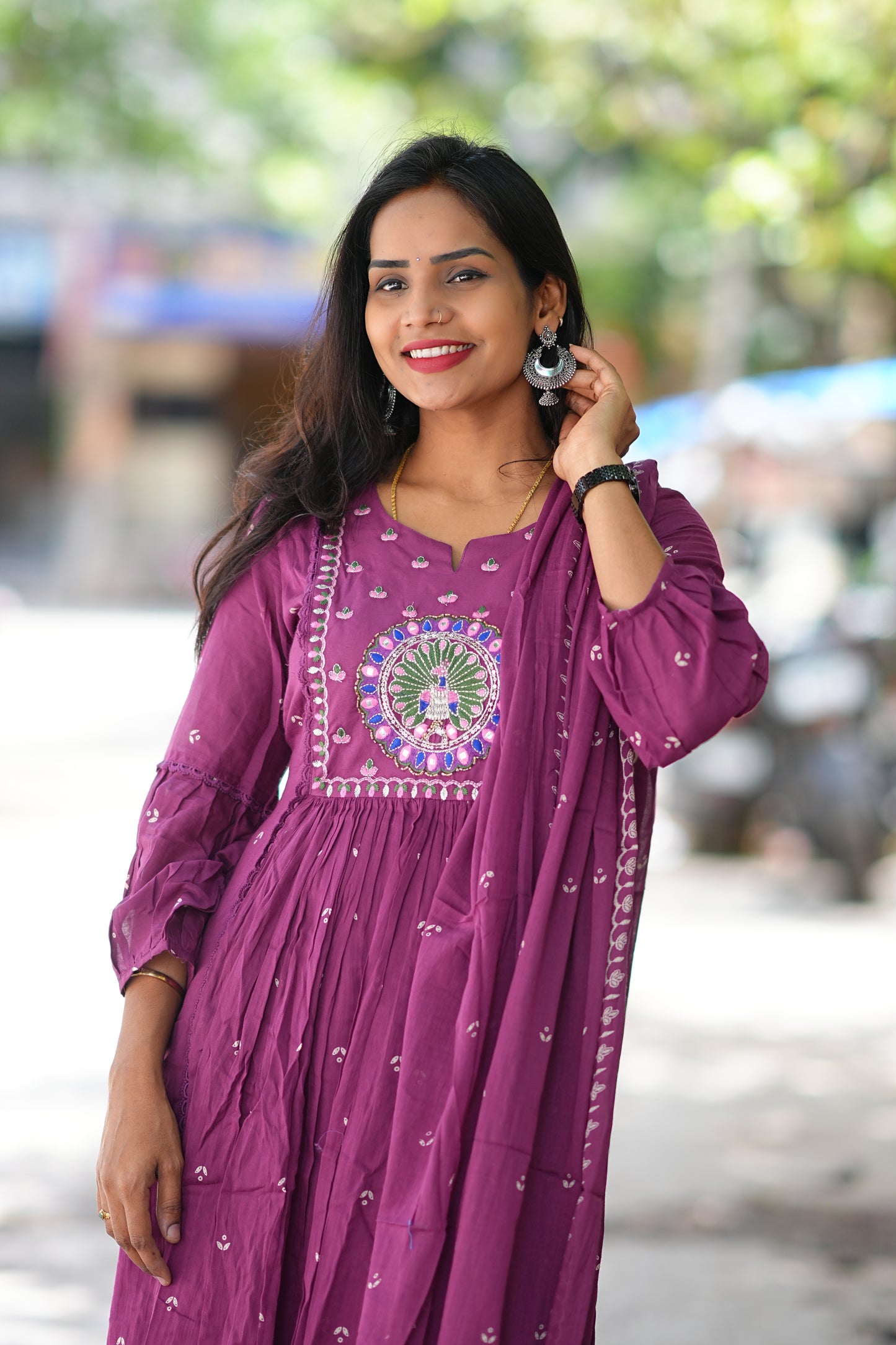 Purple Color Pure Mul Cotton 3 Piece Set With Peacock Embroidery Work
