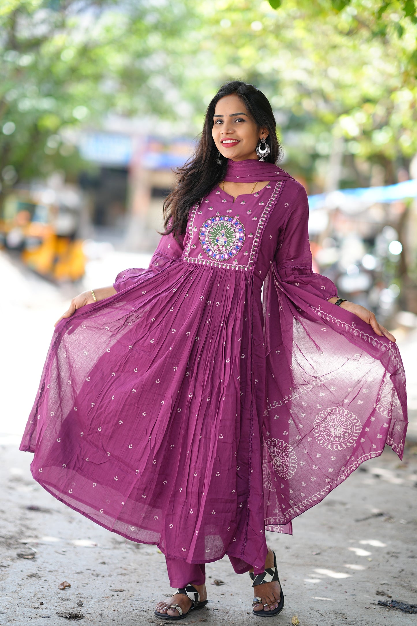 Purple Color Pure Mul Cotton 3 Piece Set With Peacock Embroidery Work