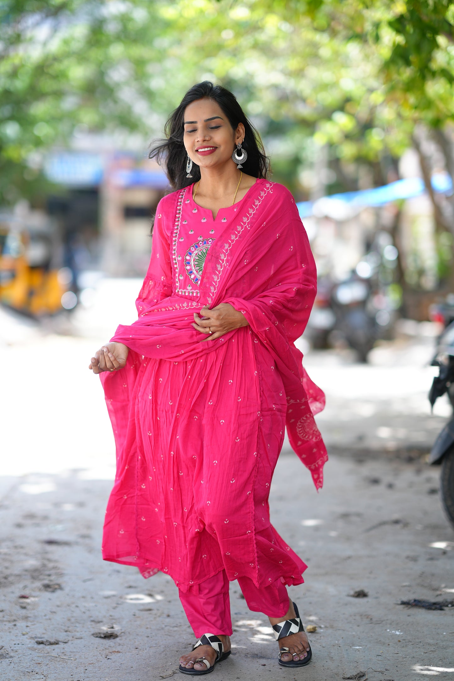 Pink Color Pure Mul Cotton 3 Piece Set With Peacock Embroidery Work
