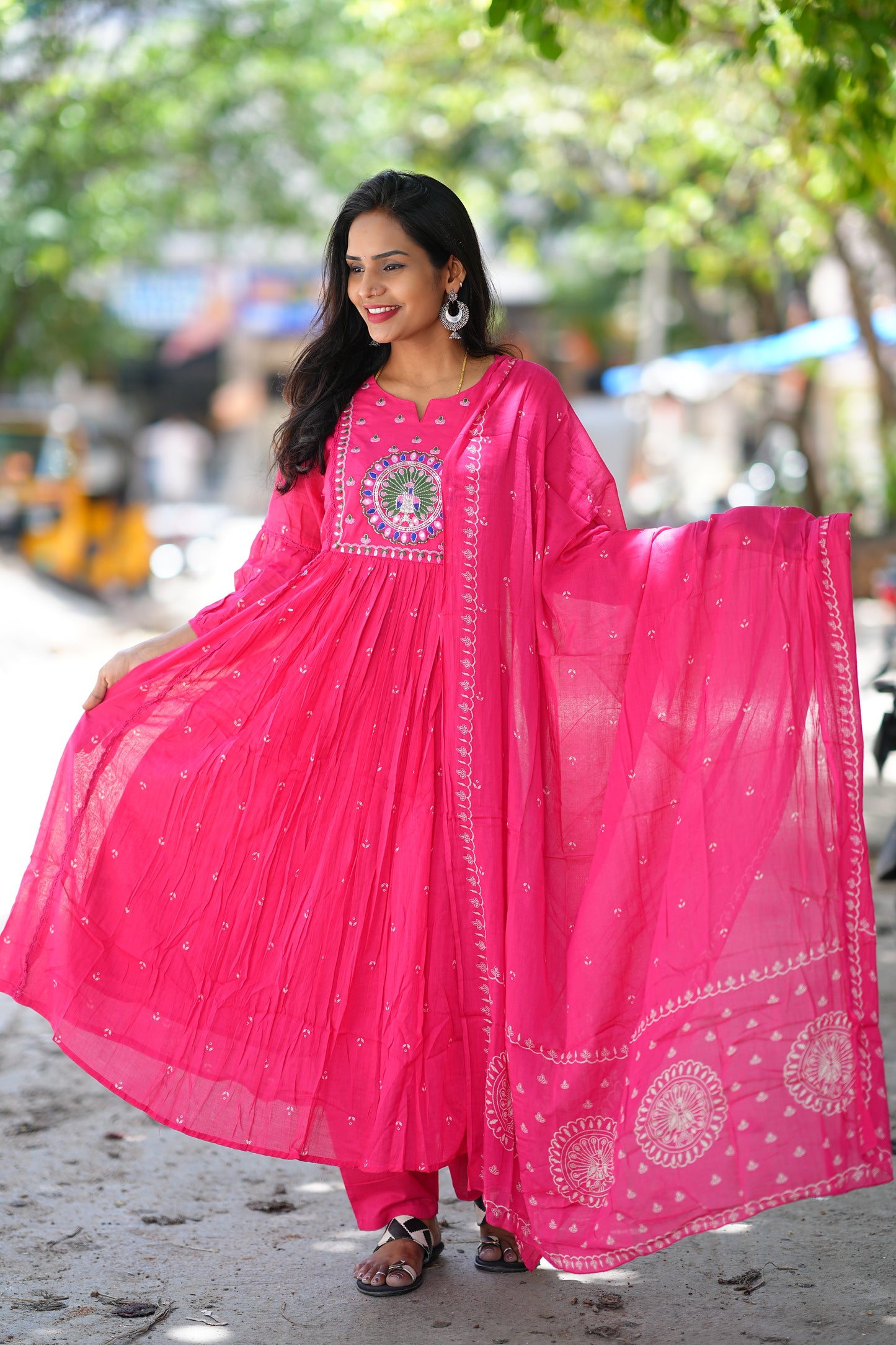 Pink Color Pure Mul Cotton 3 Piece Set With Peacock Embroidery Work