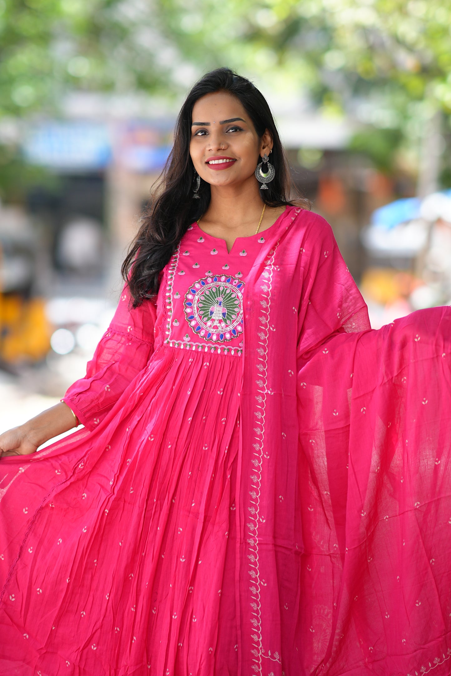 Pink Color Pure Mul Cotton 3 Piece Set With Peacock Embroidery Work