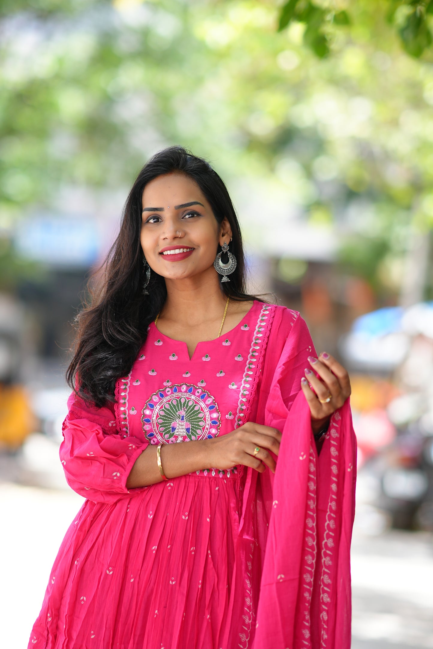 Pink Color Pure Mul Cotton 3 Piece Set With Peacock Embroidery Work