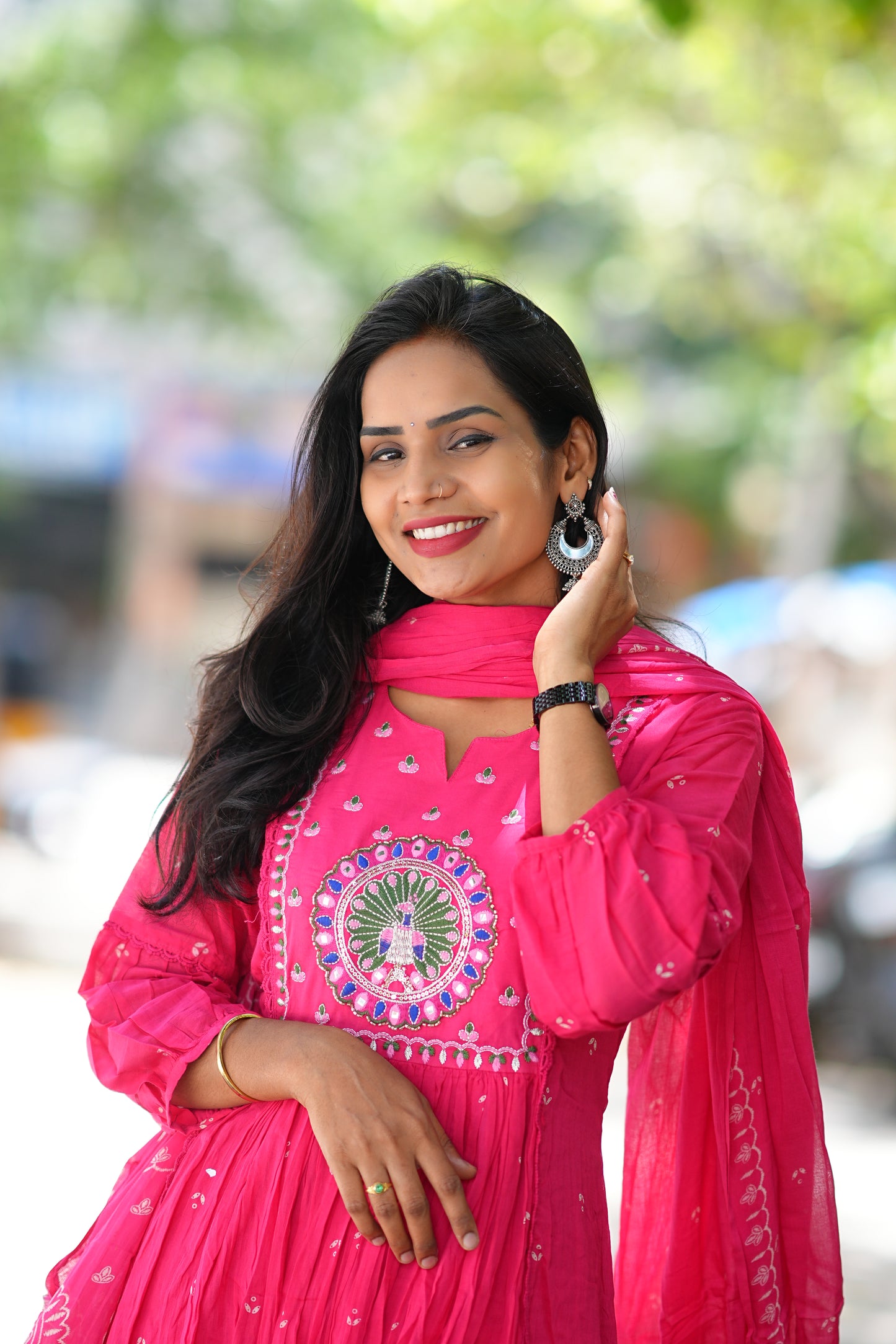 Pink Color Pure Mul Cotton 3 Piece Set With Peacock Embroidery Work