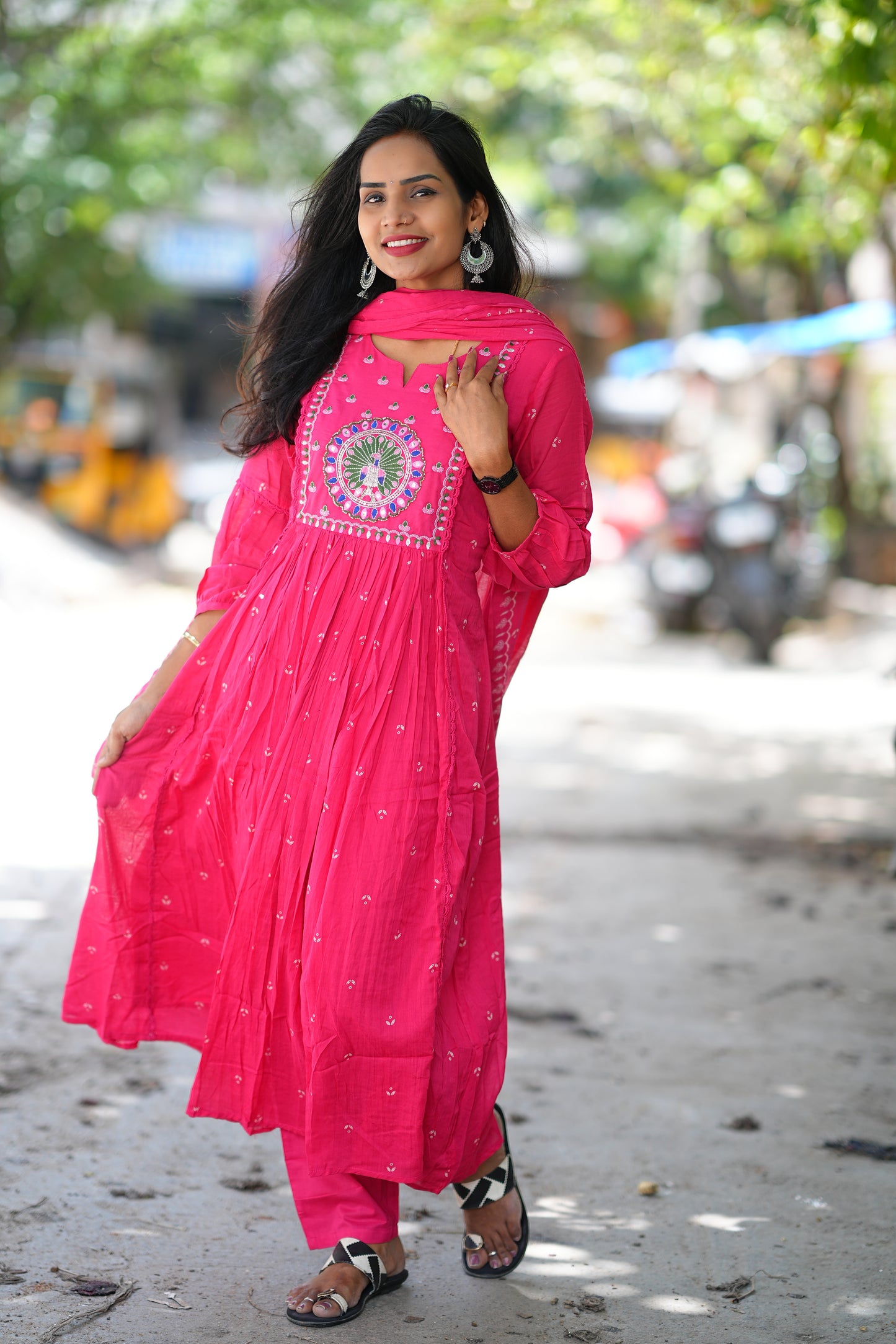 Pink Color Pure Mul Cotton 3 Piece Set With Peacock Embroidery Work