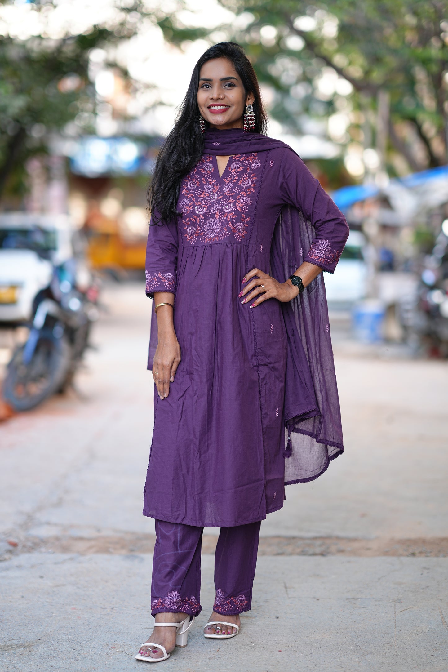 Purple Color Jaipur Thread Embriodary 3 Piece Set