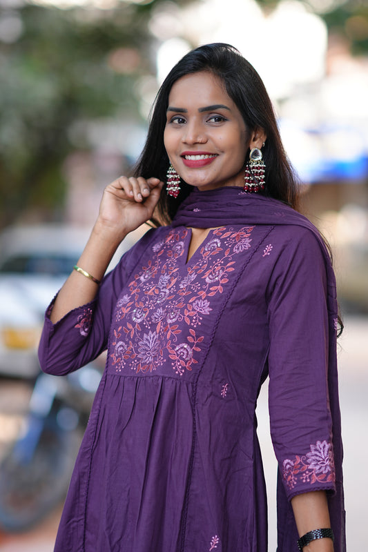 Purple Color Jaipur Thread Embriodary 3 Piece Set