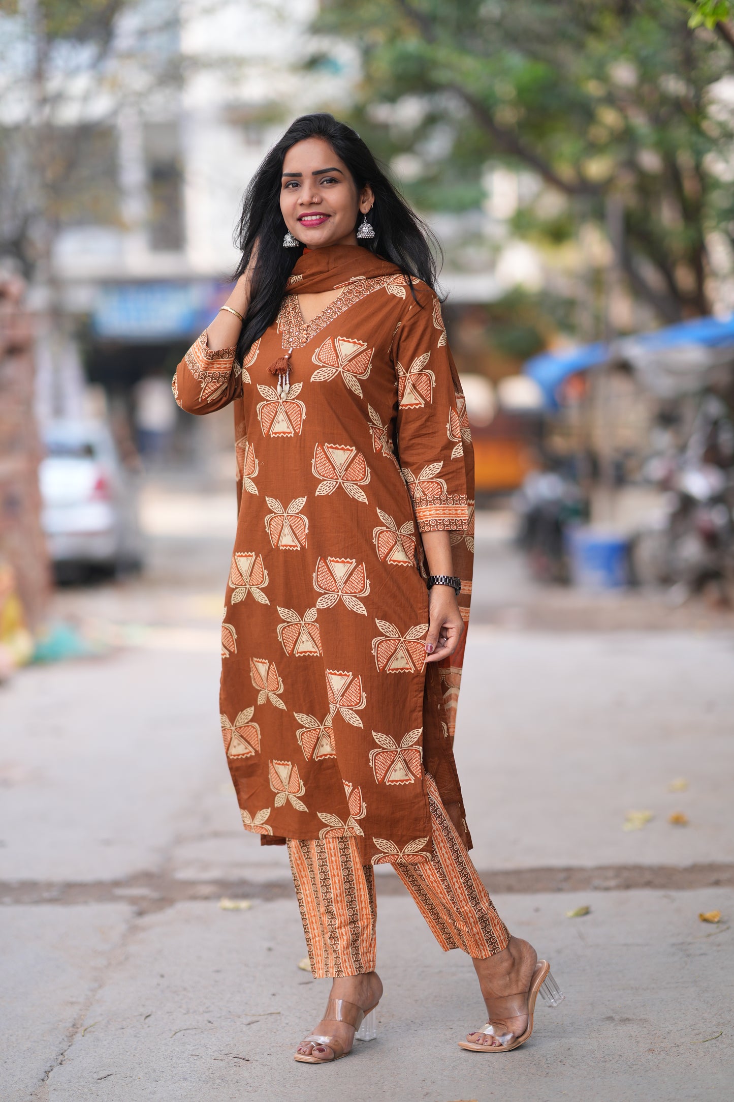 Brown Color Office Wear 3 Piece Set With Complete Lining