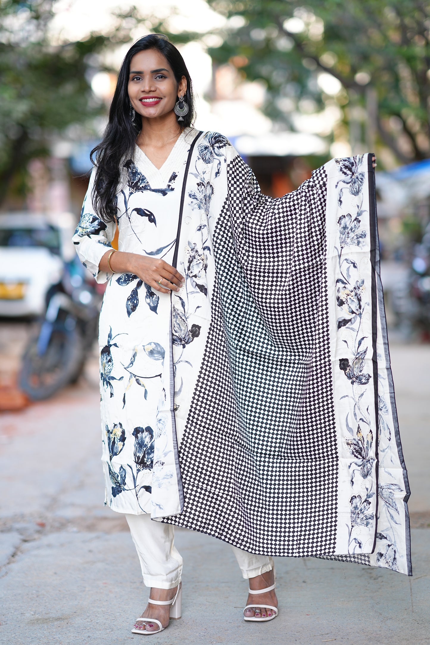 Cream Color Premium Viscose Chinon Party Wear 3 Piece Set