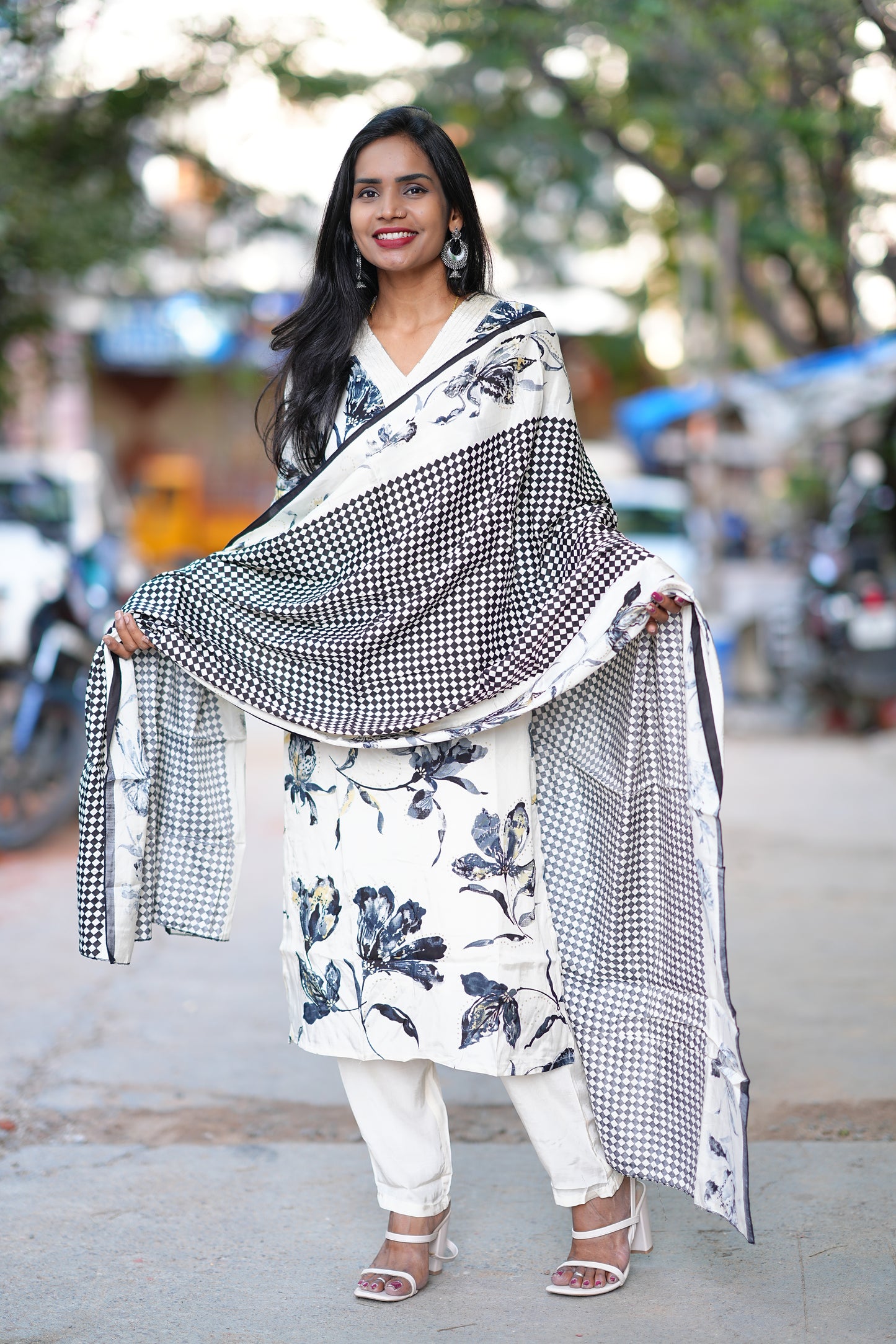 Cream Color Premium Viscose Chinon Party Wear 3 Piece Set