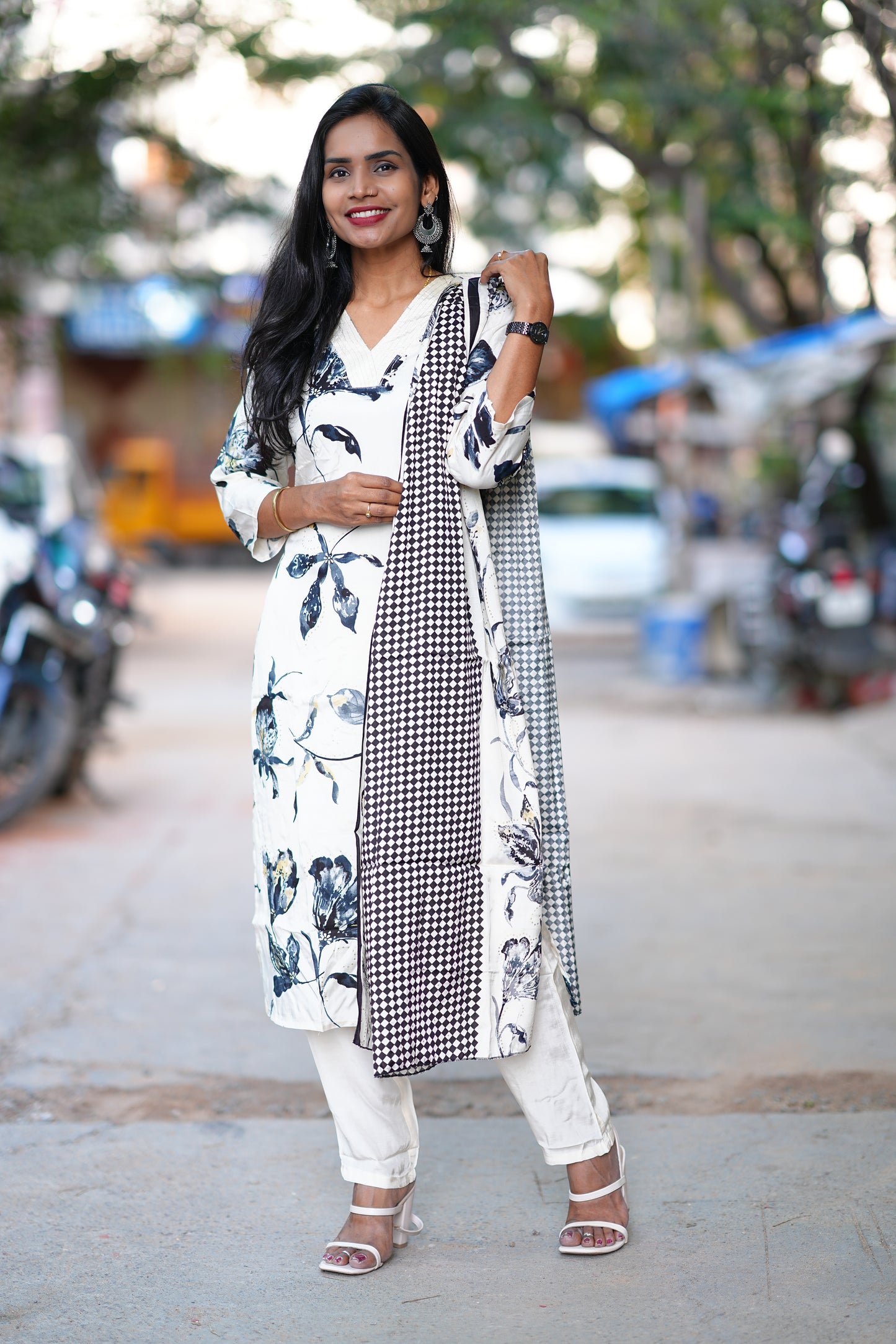 Cream Color Premium Viscose Chinon Party Wear 3 Piece Set