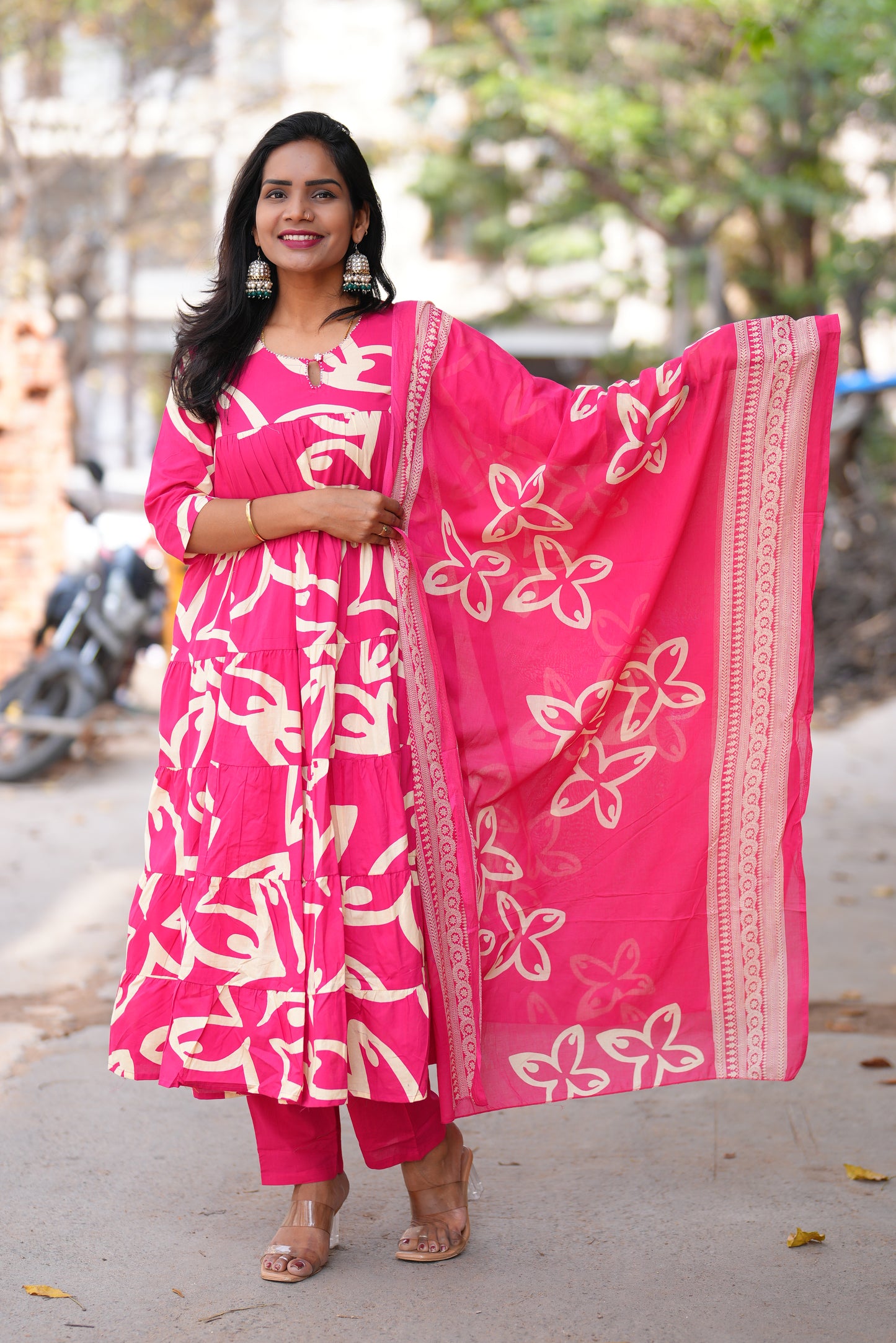 Dark Pink Color Jaipur cotton Full Flare Anarkali 3 Piece Set