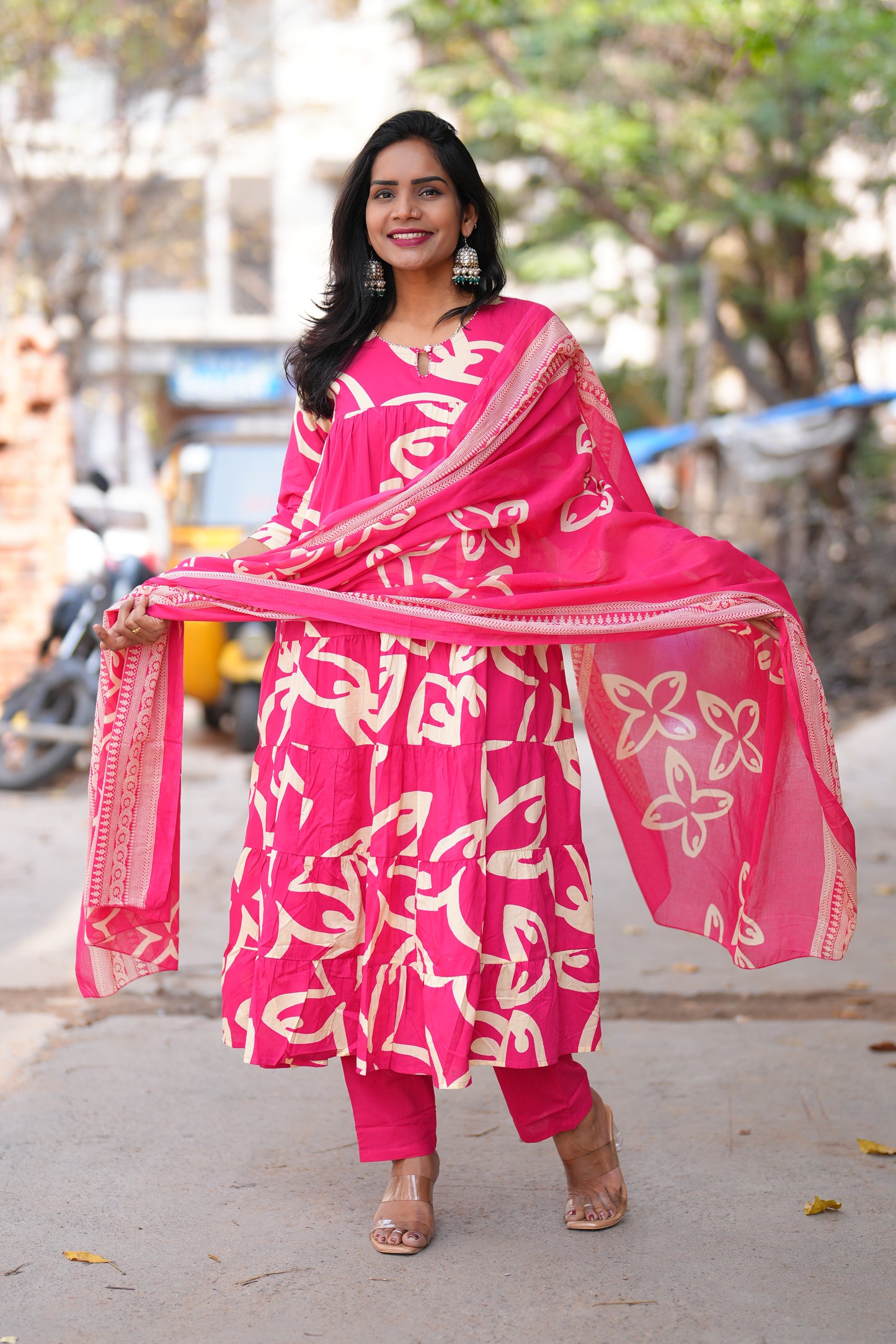Dark Pink Color Jaipur cotton Full Flare Anarkali 3 Piece Set