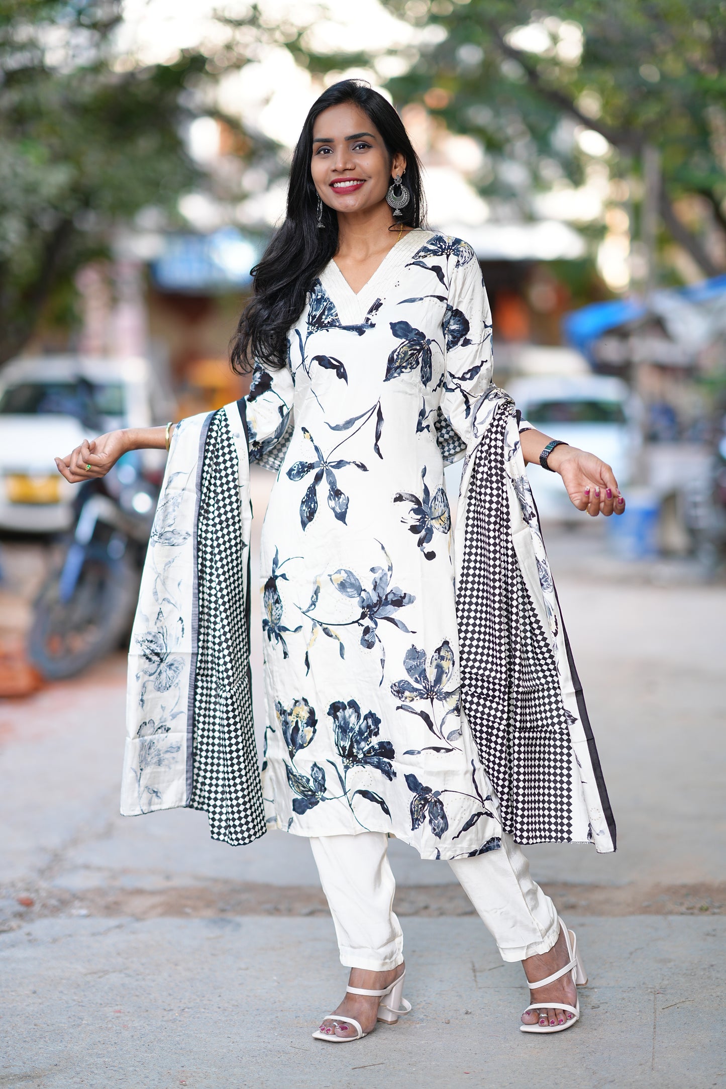 Cream Color Premium Viscose Chinon Party Wear 3 Piece Set