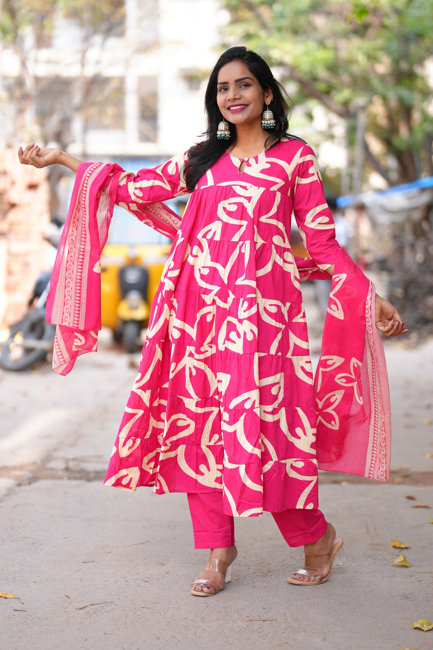 Dark Pink Color Jaipur cotton Full Flare Anarkali 3 Piece Set