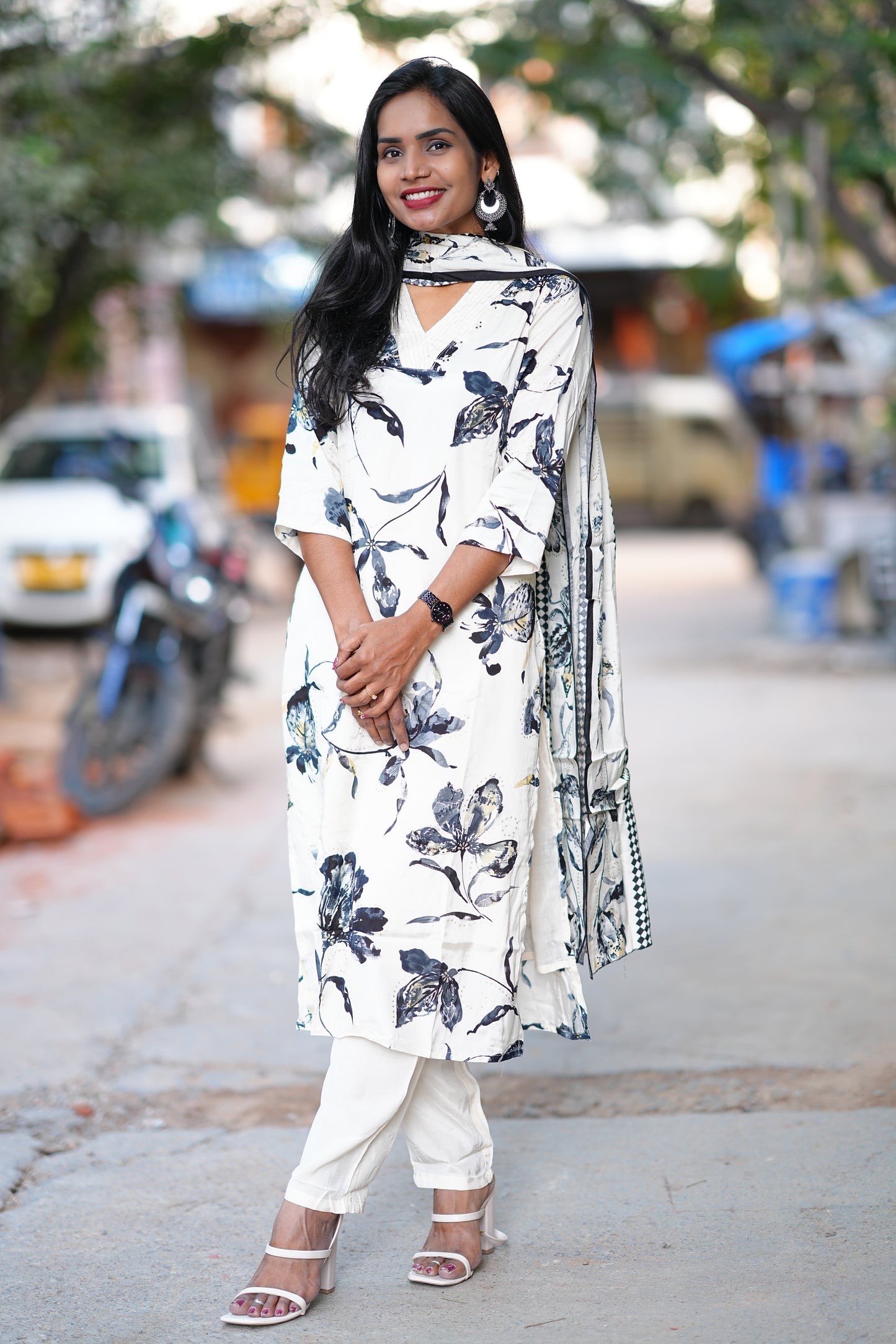 Cream Color Premium Viscose Chinon Party Wear 3 Piece Set