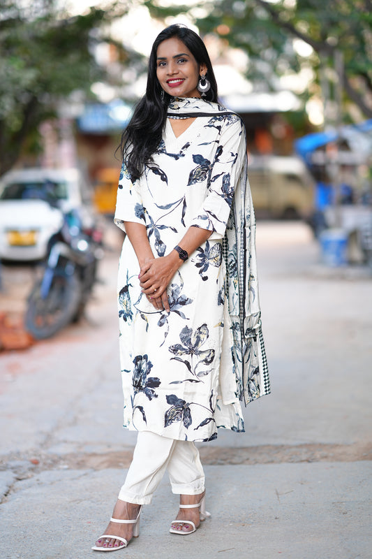 Cream Color Premium Viscose Chinon Party Wear 3 Piece Set