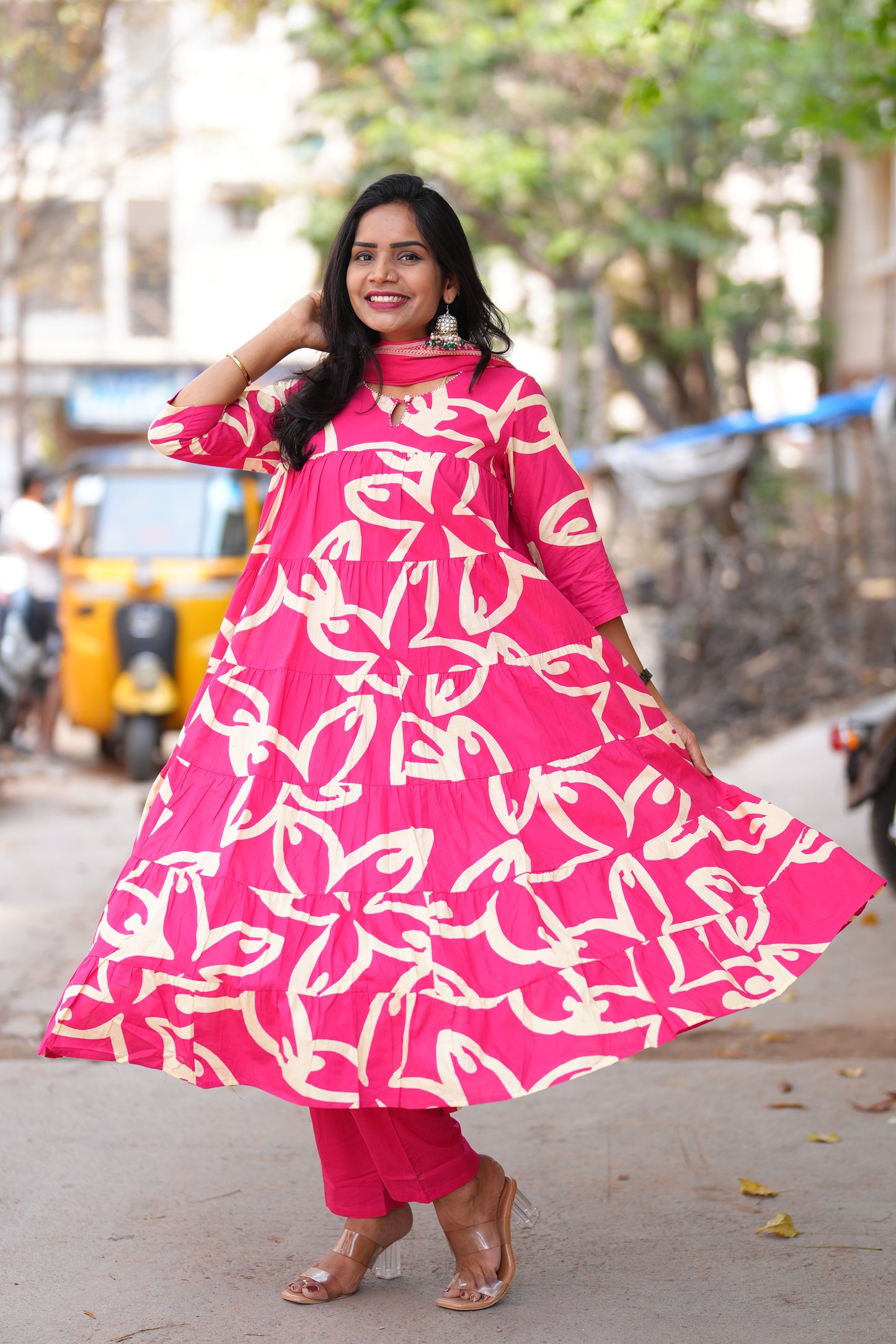 Dark Pink Color Jaipur cotton Full Flare Anarkali 3 Piece Set
