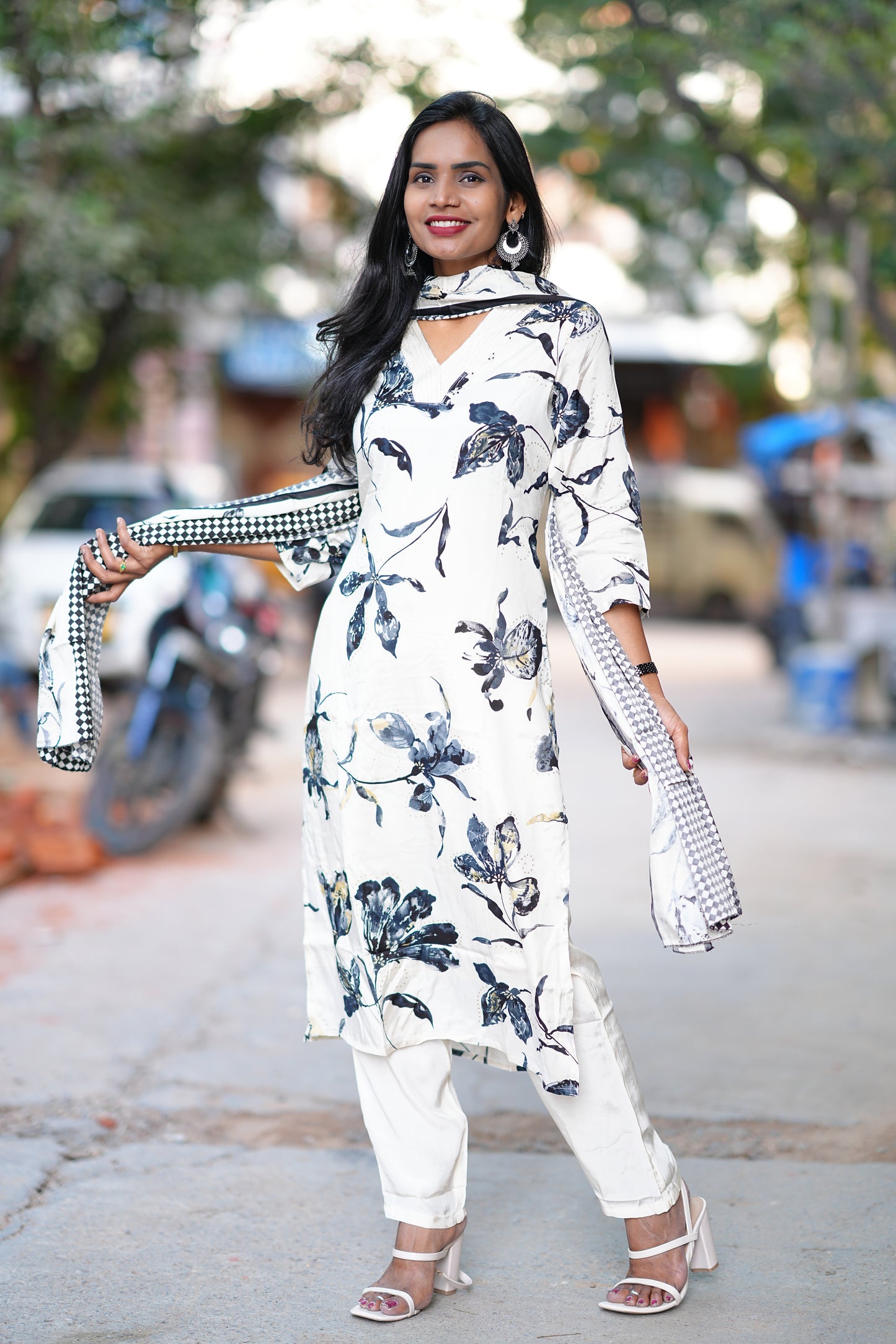 Cream Color Premium Viscose Chinon Party Wear 3 Piece Set