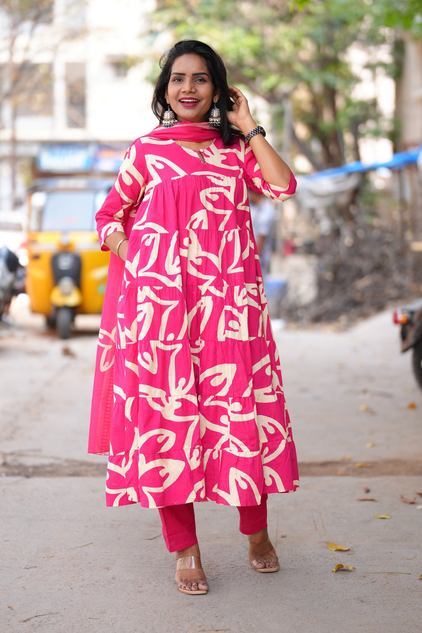 Dark Pink Color Jaipur cotton Full Flare Anarkali 3 Piece Set