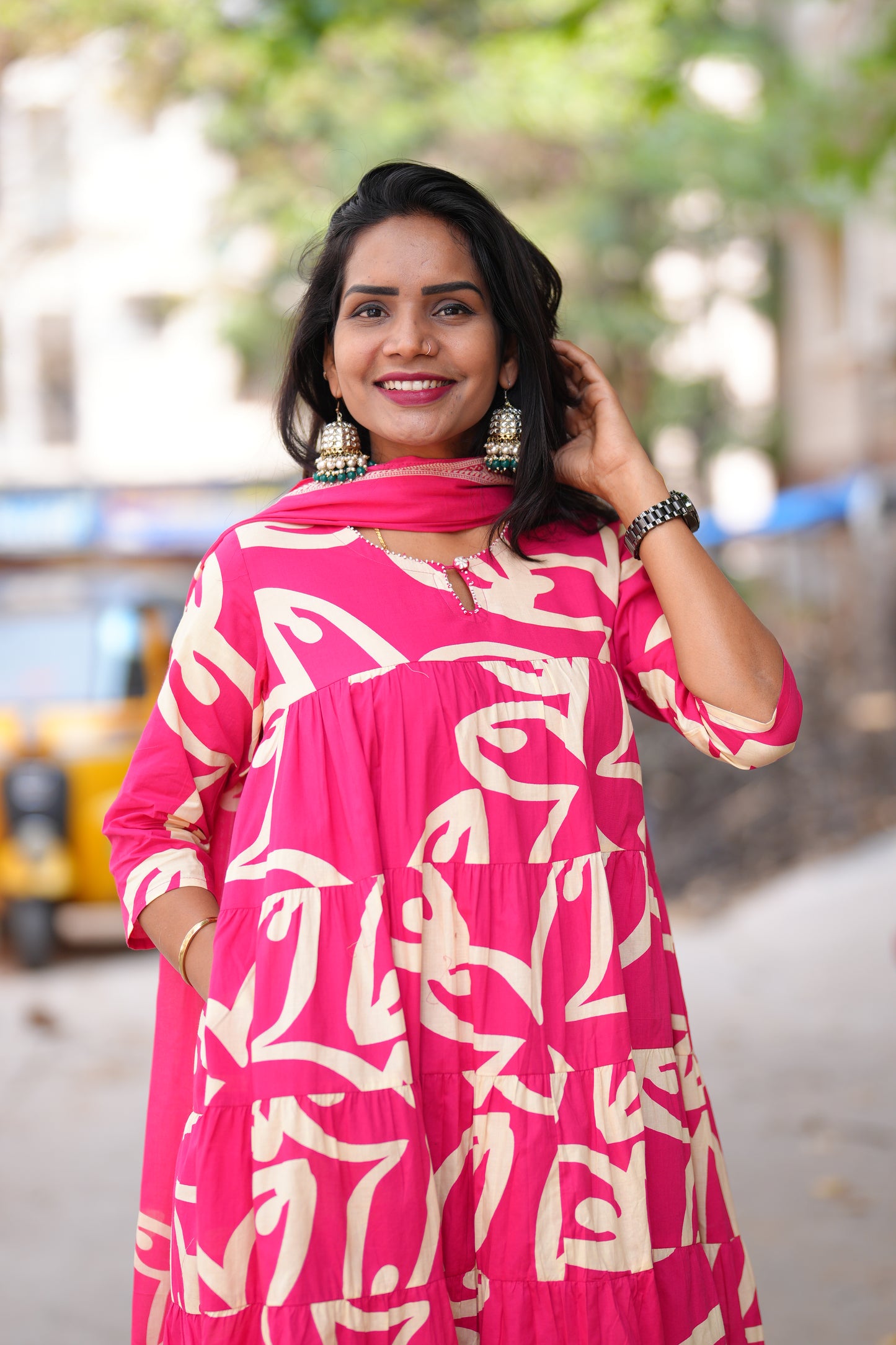 Dark Pink Color Jaipur cotton Full Flare Anarkali 3 Piece Set