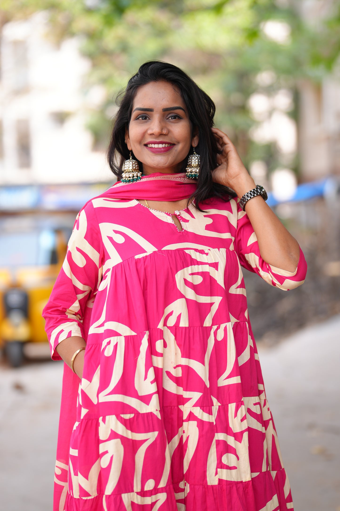 Dark Pink Color Jaipur cotton Full Flare Anarkali 3 Piece Set
