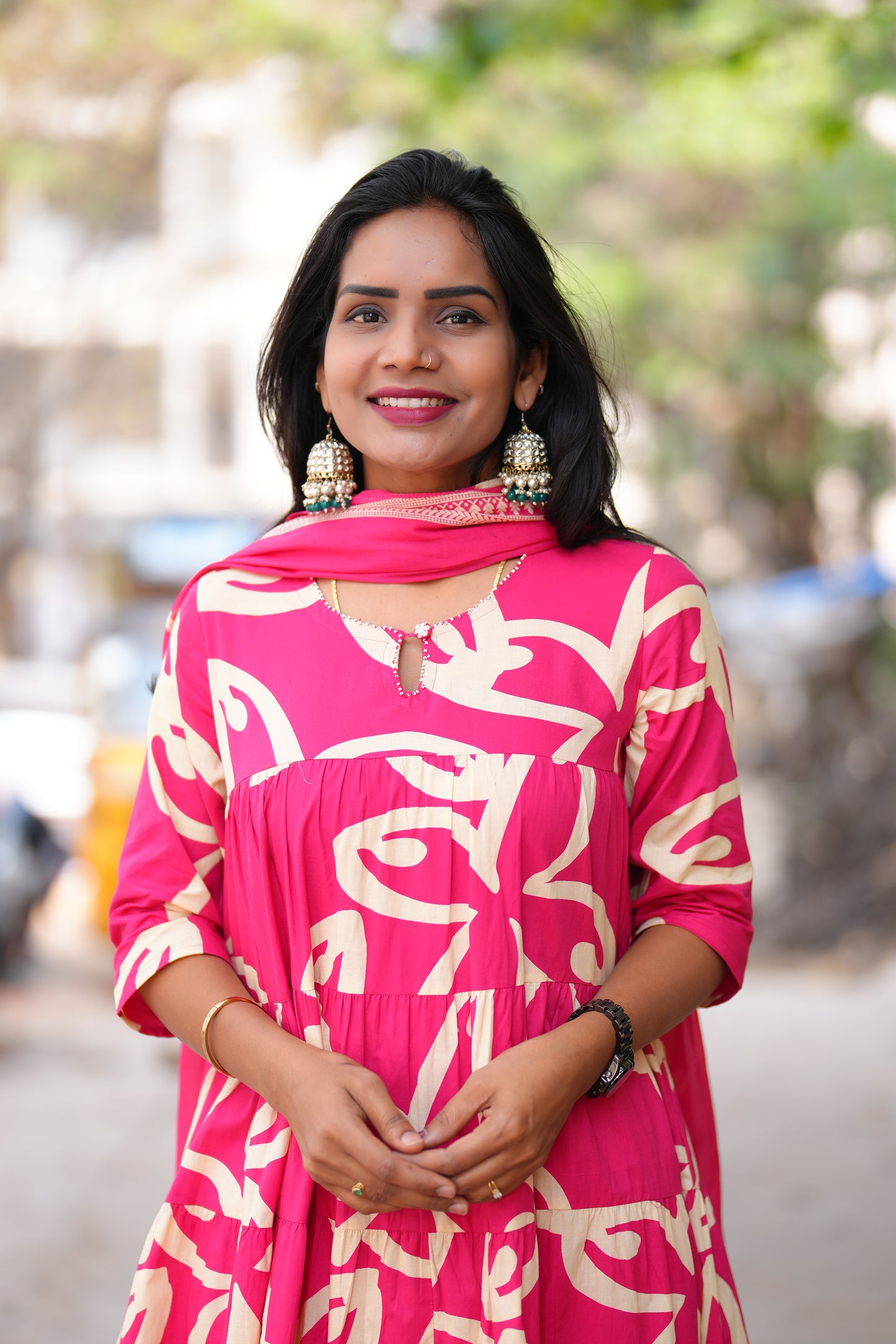 Dark Pink Color Jaipur cotton Full Flare Anarkali 3 Piece Set