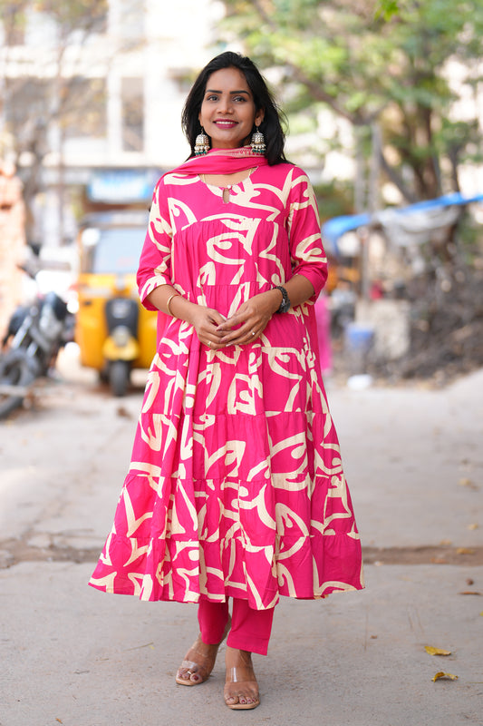 Dark Pink Color Jaipur cotton Full Flare Anarkali 3 Piece Set