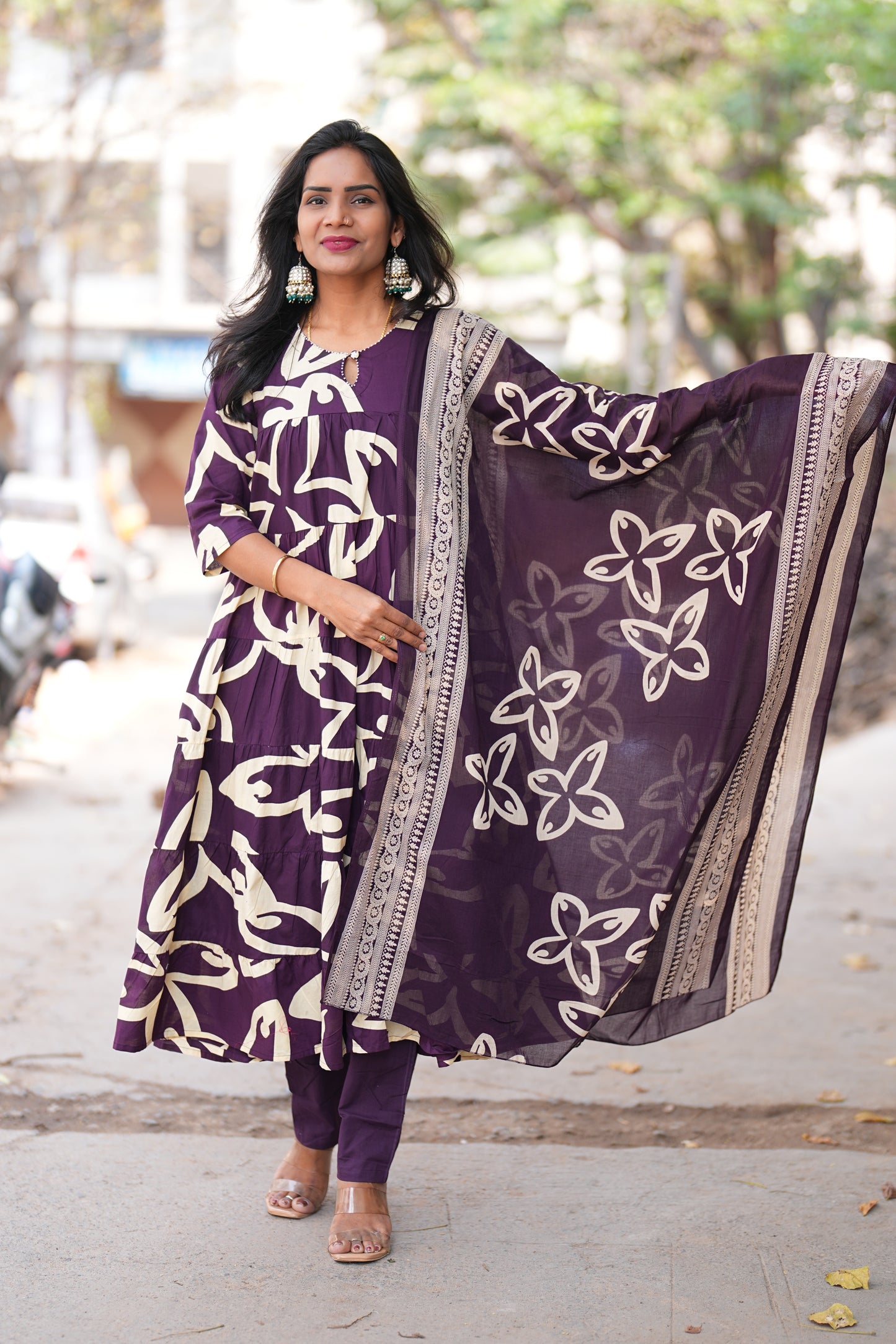 Purple Color Jaipur cotton Full Flare Anarkali 3 Piece Set