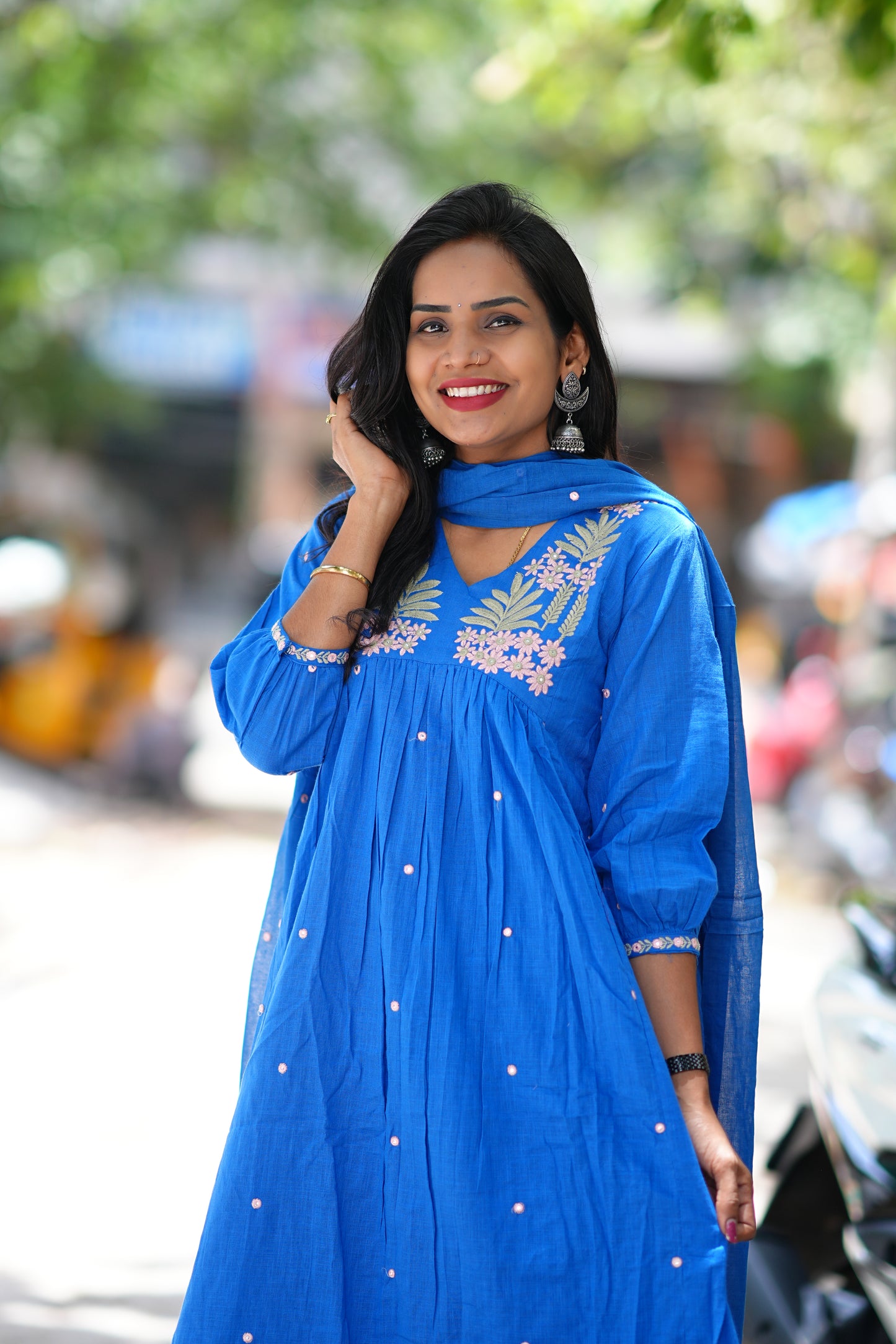 Blue Color Jaipur Cotton With Thread Embroidary Work and Complete Lining