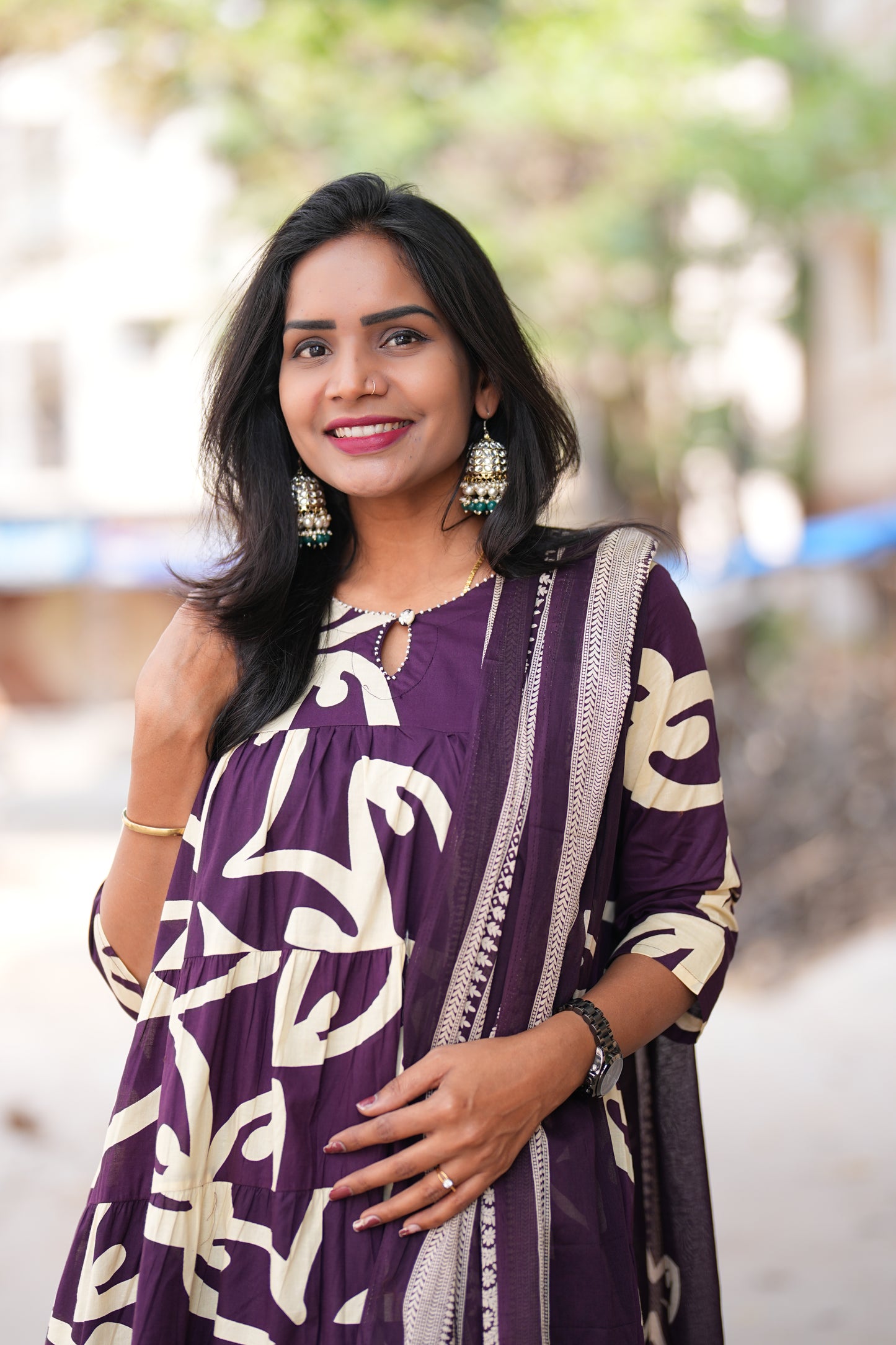 Purple Color Jaipur cotton Full Flare Anarkali 3 Piece Set