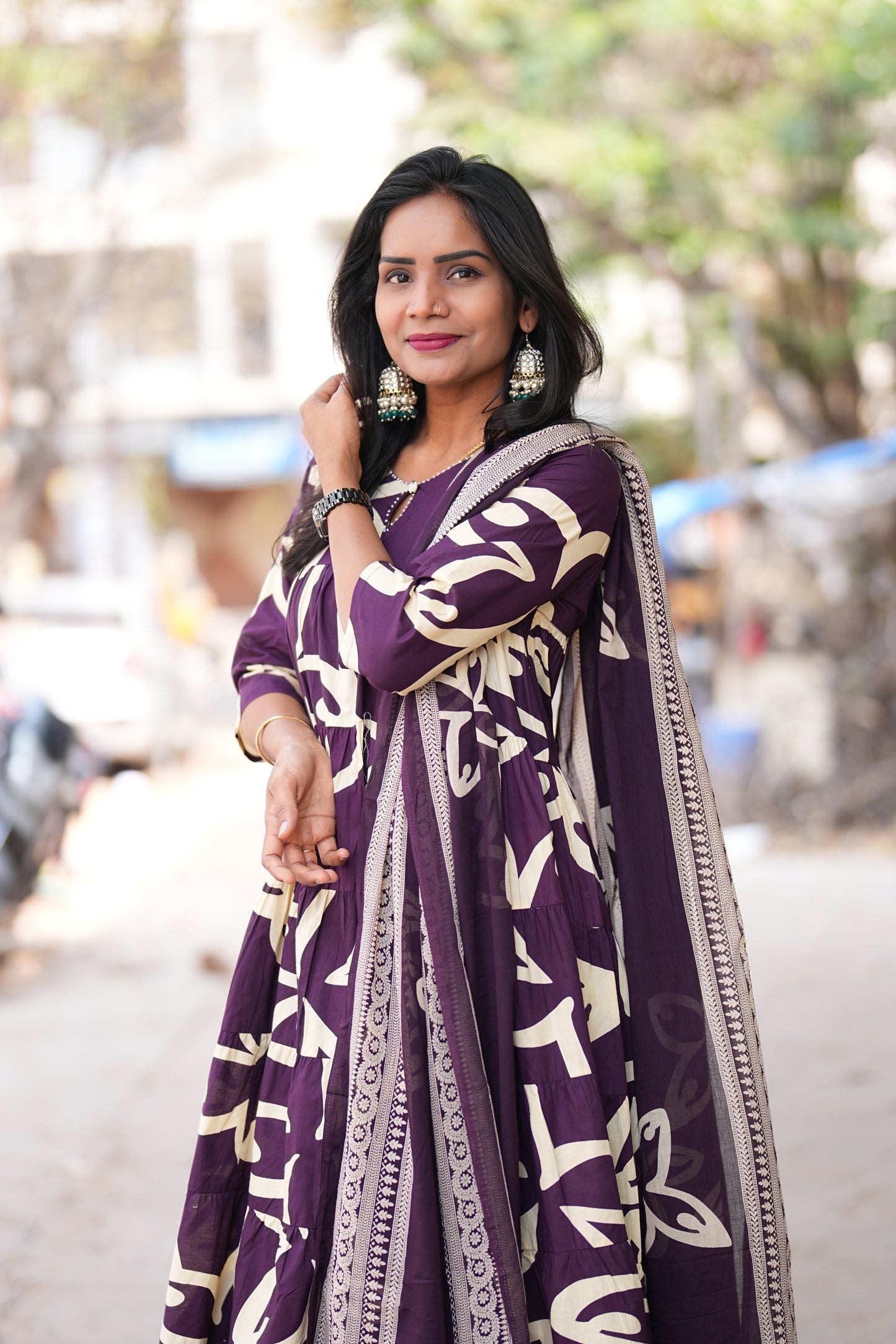 Purple Color Jaipur cotton Full Flare Anarkali 3 Piece Set