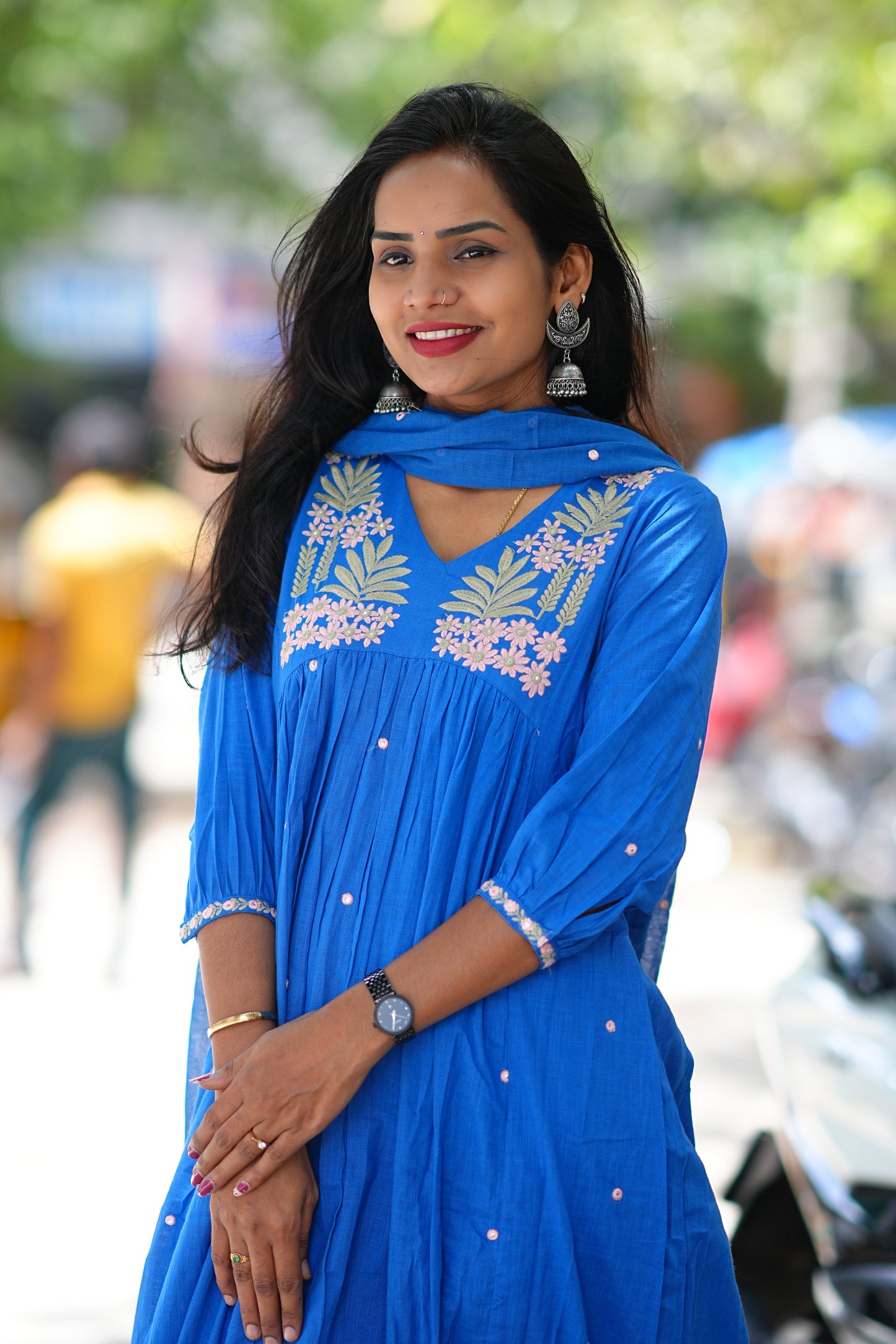 Blue Color Jaipur Cotton With Thread Embroidary Work and Complete Lining