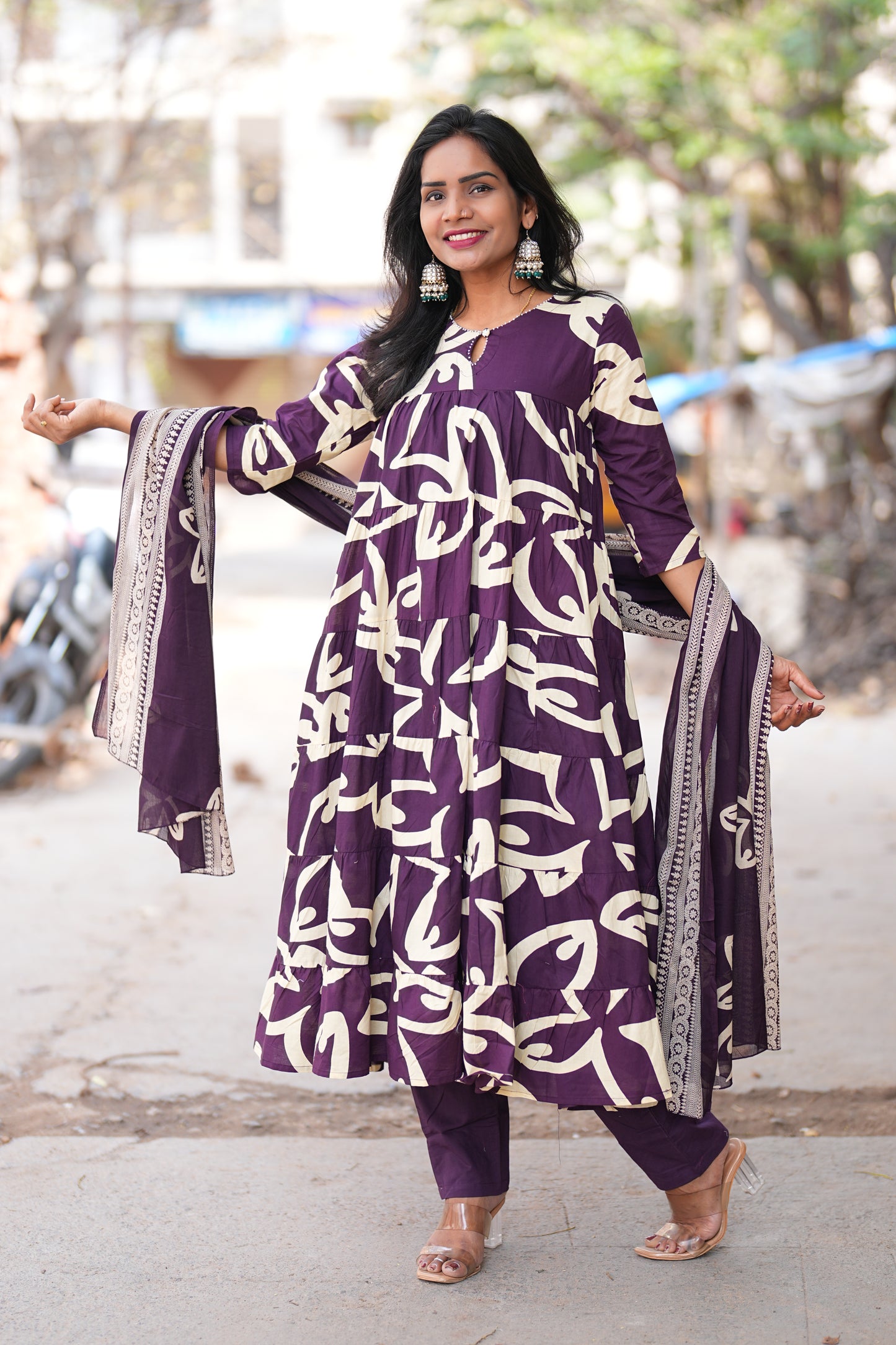 Purple Color Jaipur cotton Full Flare Anarkali 3 Piece Set