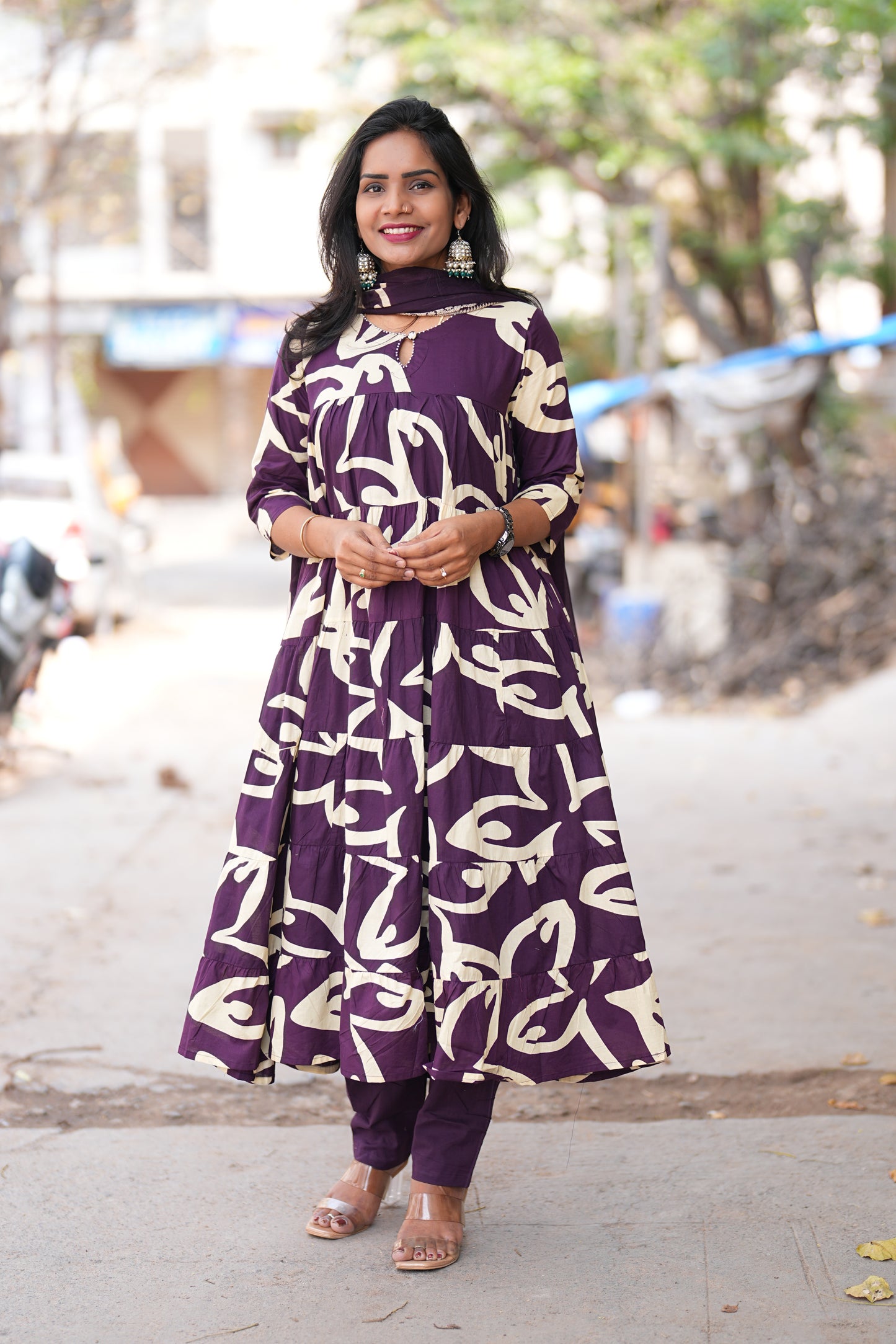 Purple Color Jaipur cotton Full Flare Anarkali 3 Piece Set