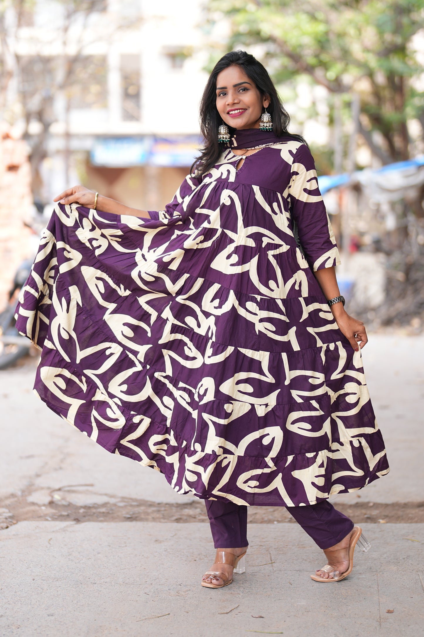 Purple Color Jaipur cotton Full Flare Anarkali 3 Piece Set