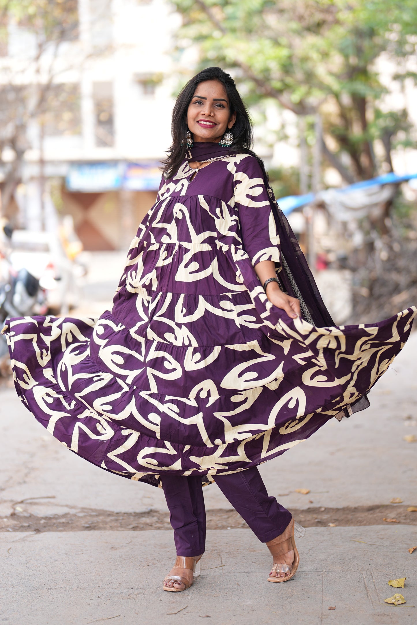 Purple Color Jaipur cotton Full Flare Anarkali 3 Piece Set