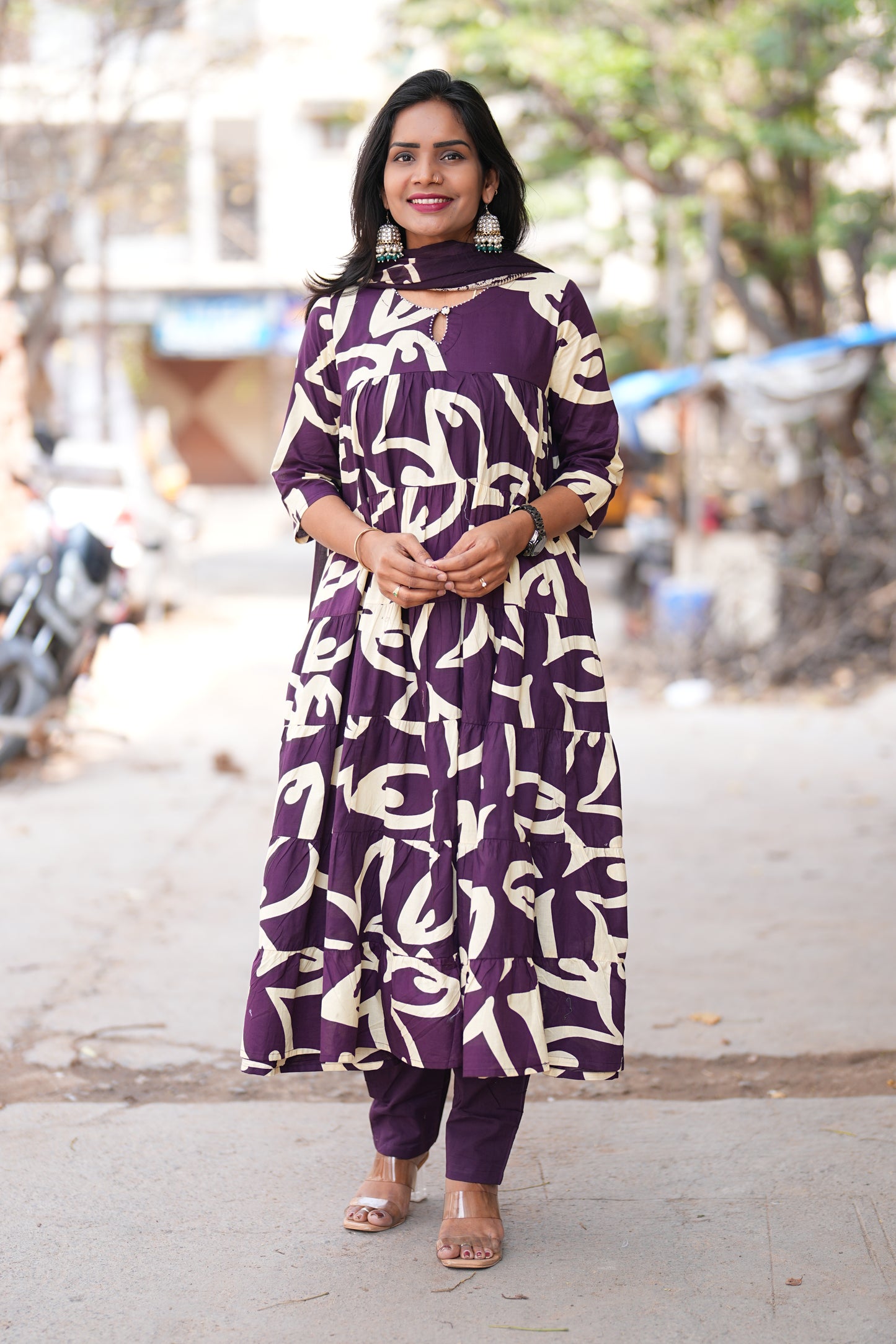 Purple Color Jaipur cotton Full Flare Anarkali 3 Piece Set