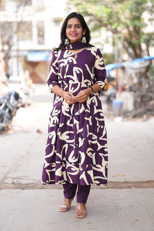Purple Color Jaipur cotton Full Flare Anarkali 3 Piece Set