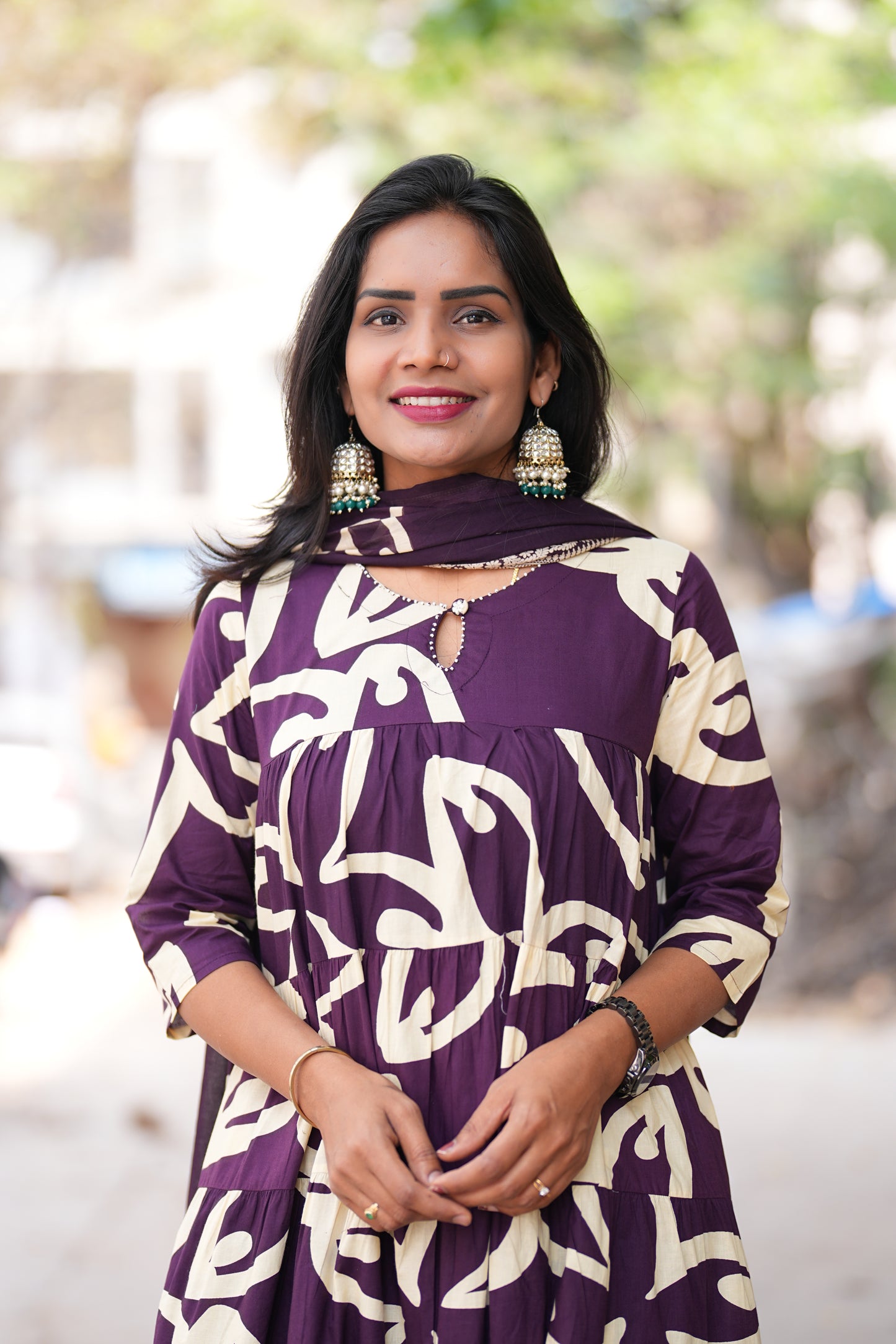 Purple Color Jaipur cotton Full Flare Anarkali 3 Piece Set