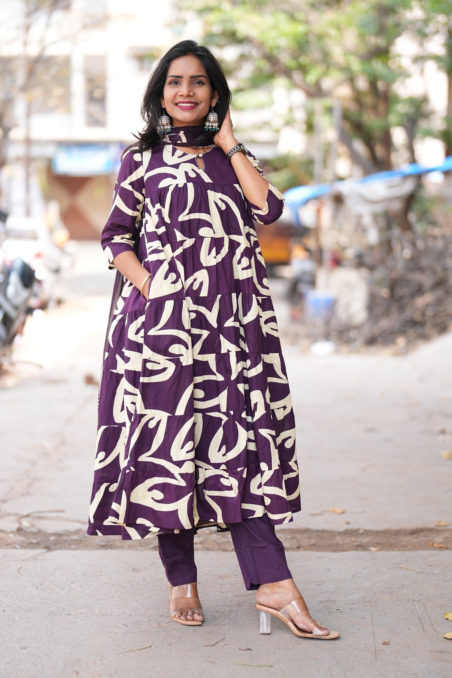 Purple Color Jaipur cotton Full Flare Anarkali 3 Piece Set