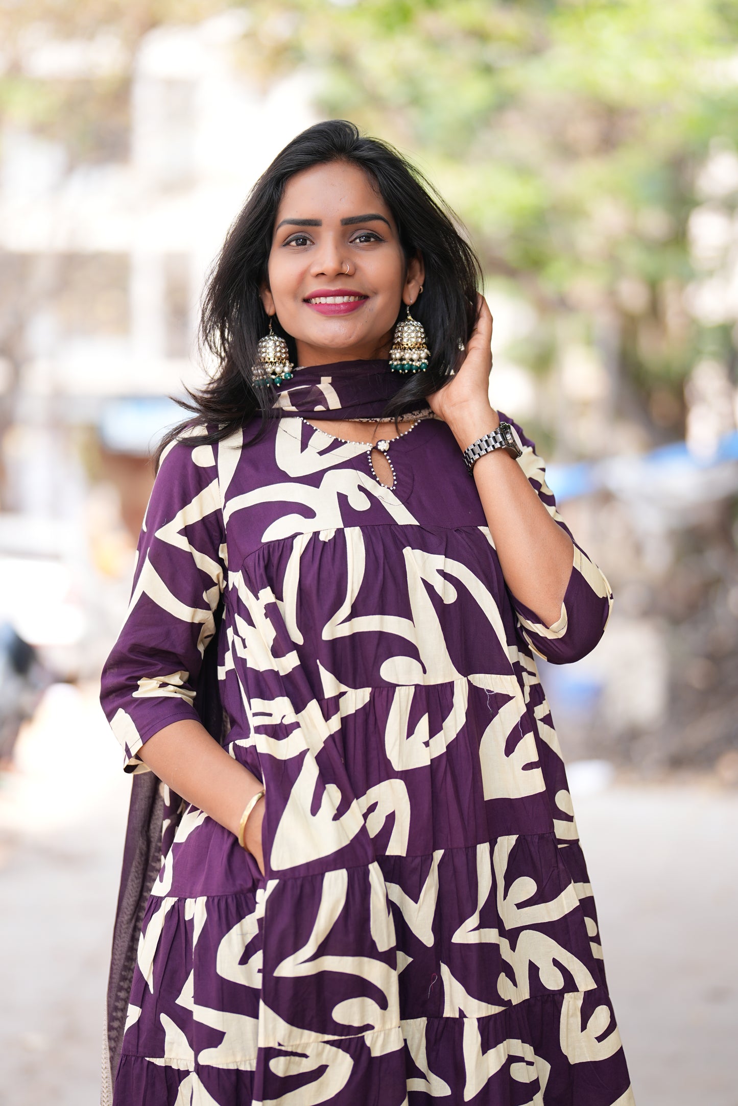 Purple Color Jaipur cotton Full Flare Anarkali 3 Piece Set